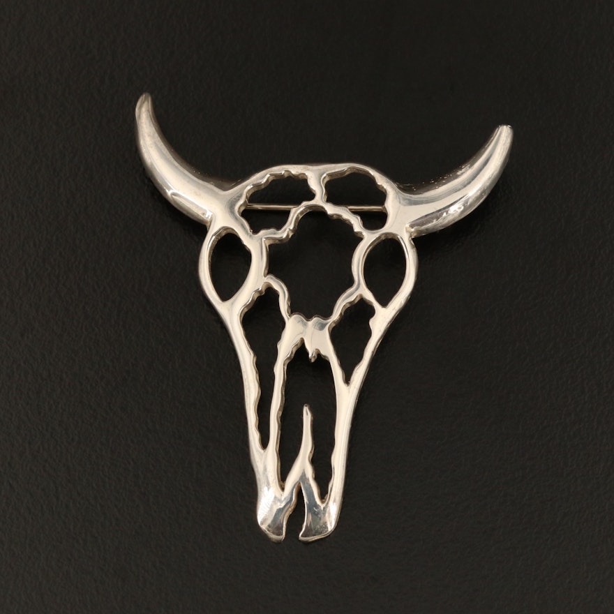 Sterling Silver Ox Skull Brooch