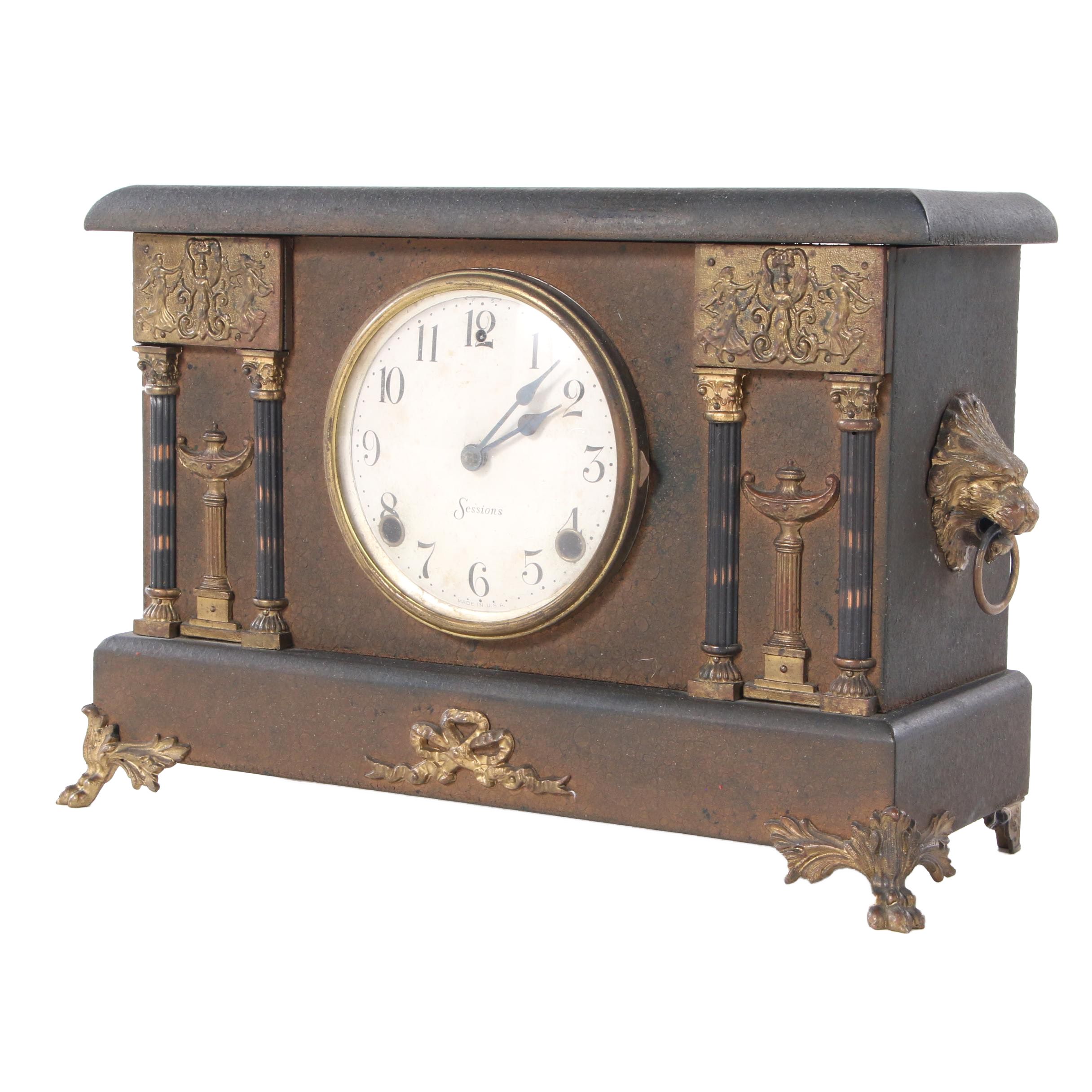 Sessions Neoclassical Style Pillar and Lions Head Mantel Clock, Late 19th C.