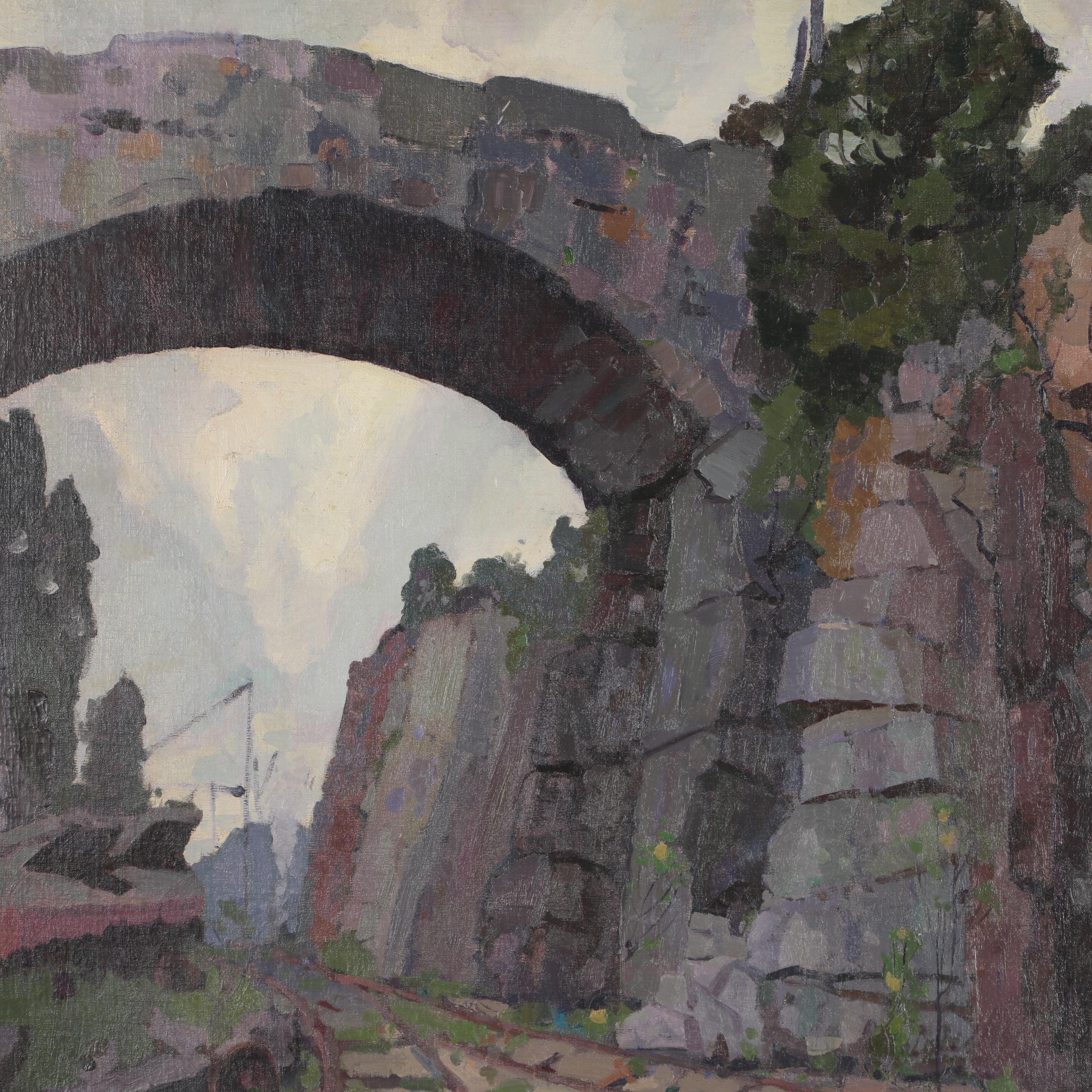 Herbert Barnett Monumental Oil Painting of Stone Bridge