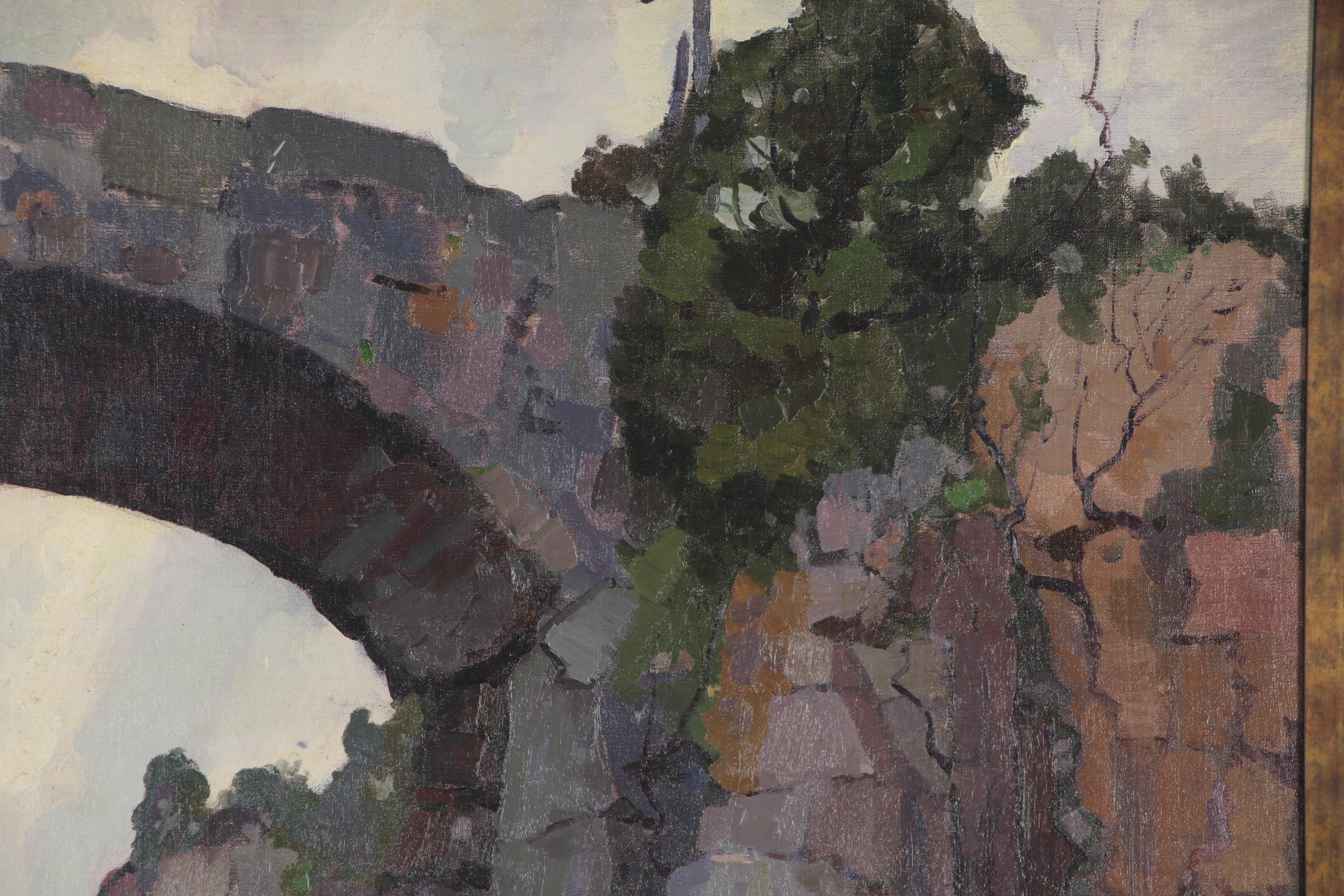 Herbert Barnett Monumental Oil Painting of Stone Bridge