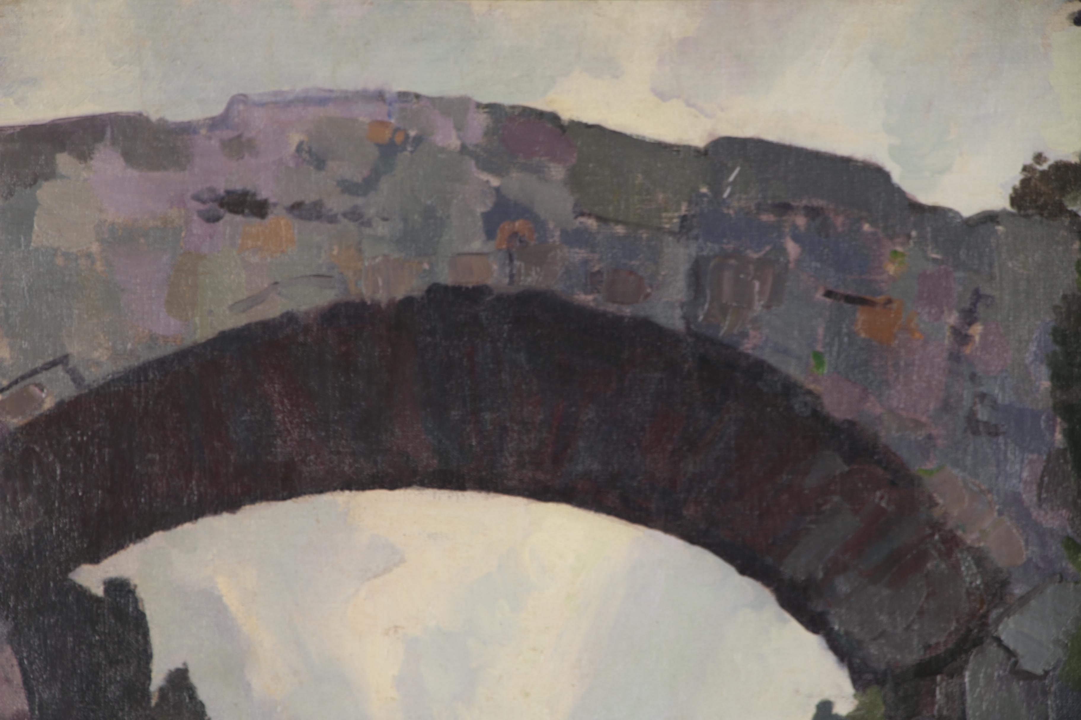 Herbert Barnett Monumental Oil Painting of Stone Bridge