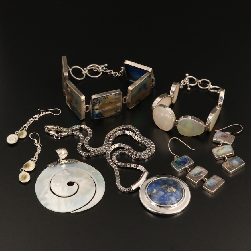 Sterling Silver Jewelry Selection Featuring Lapis Lazuli, Abalone, and Shell