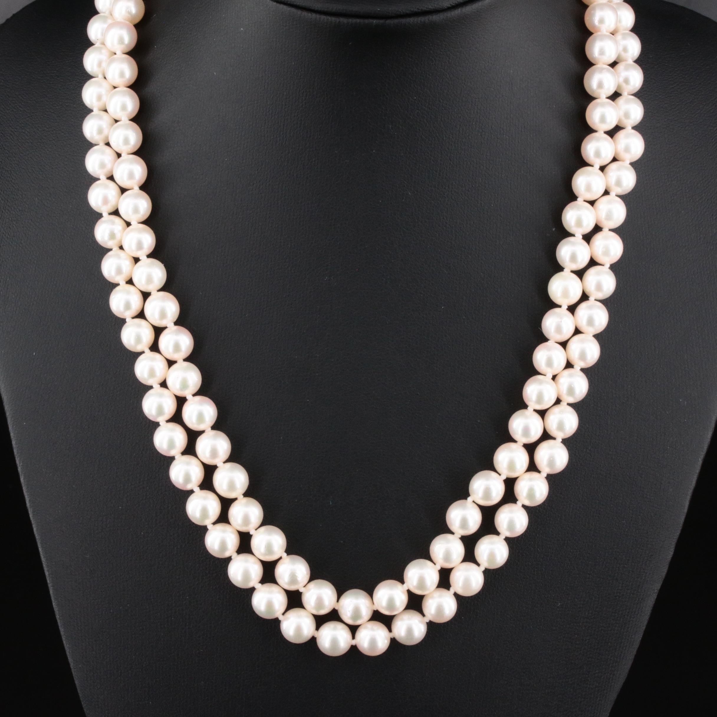 Vintage Mikimoto Double Strand Cultured Pearl Necklace with Sterling Clasp