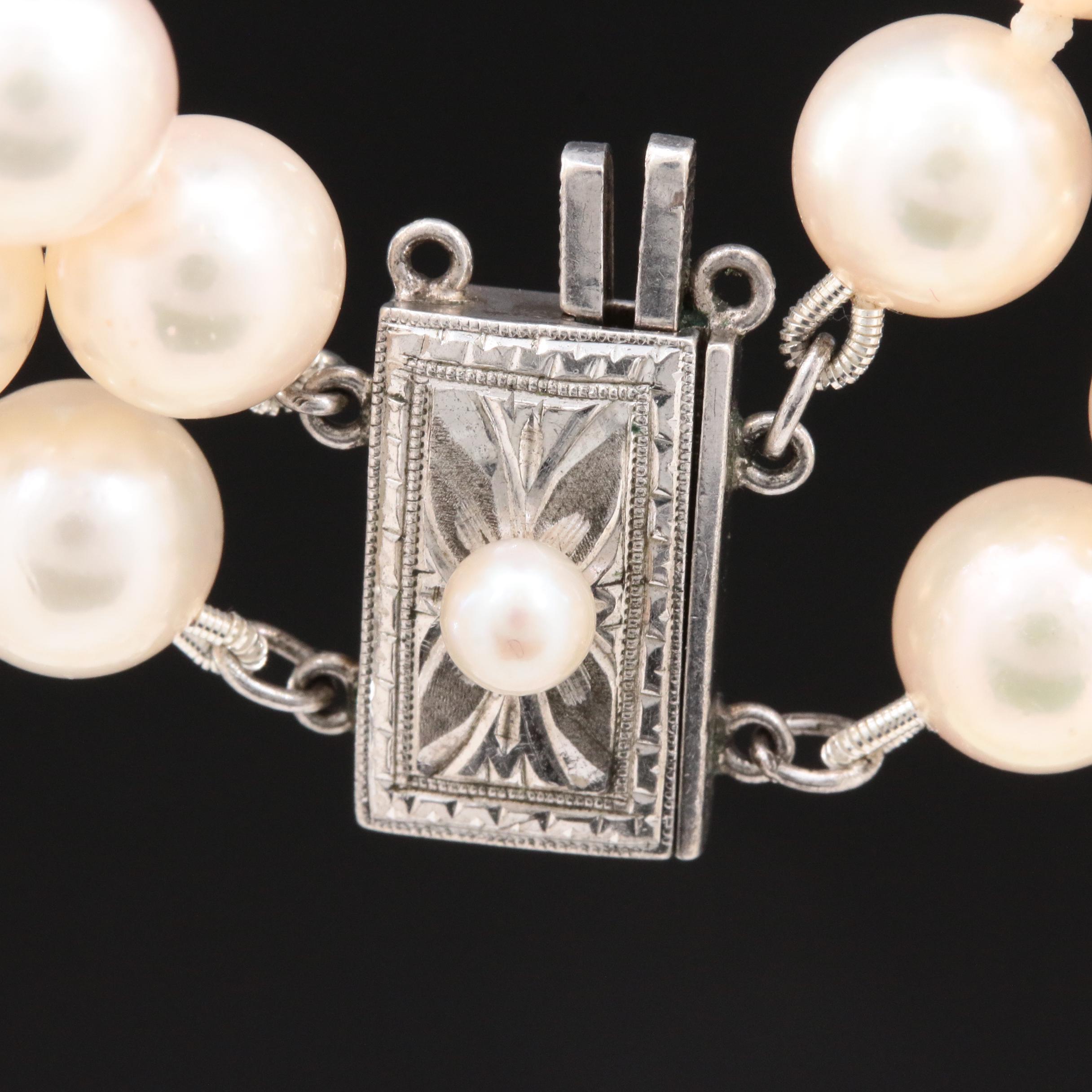 Vintage Mikimoto Double Strand Cultured Pearl Necklace with Sterling Clasp