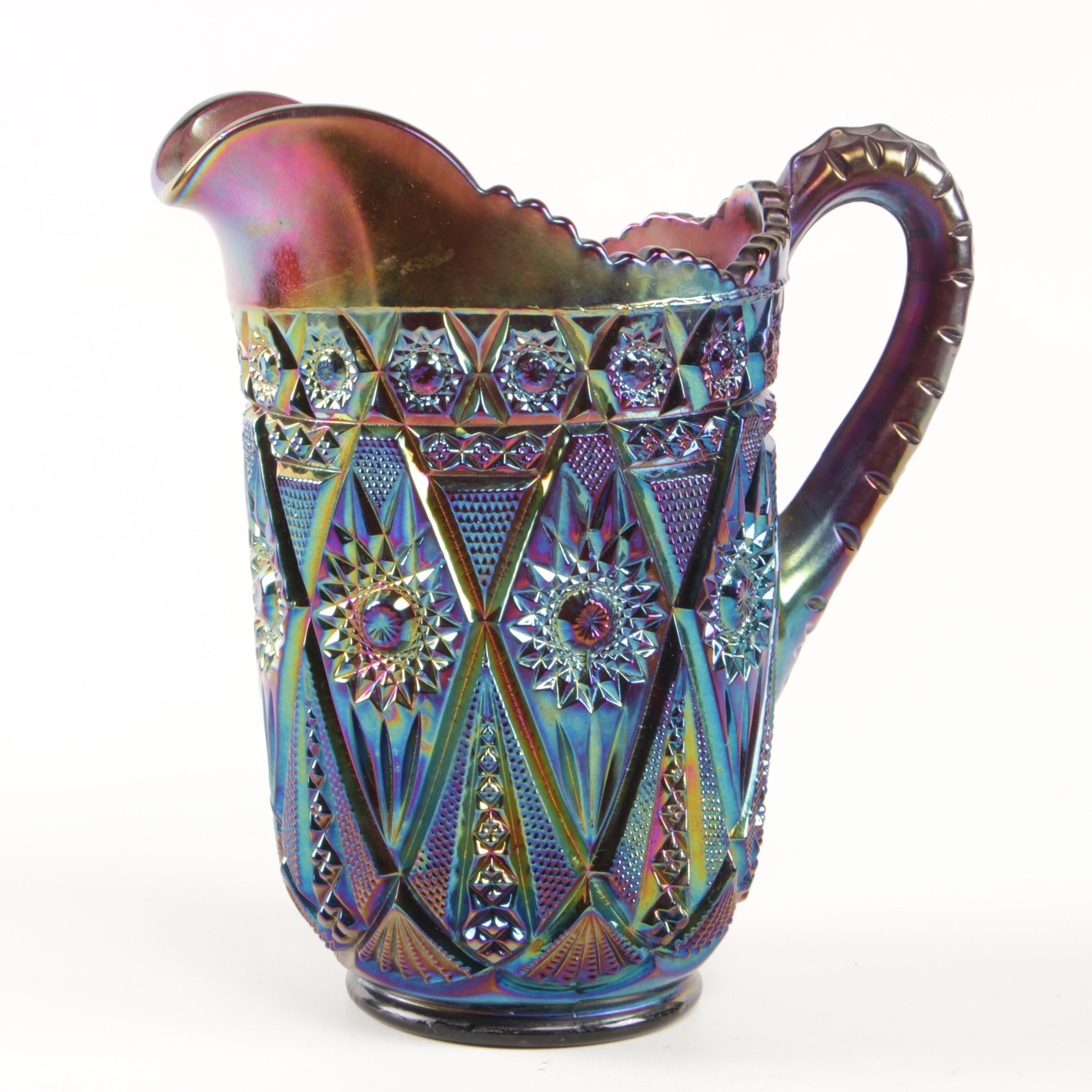 Imperial "Diamond Lace" Amethyst Carnival Glass Pitcher and Tumblers