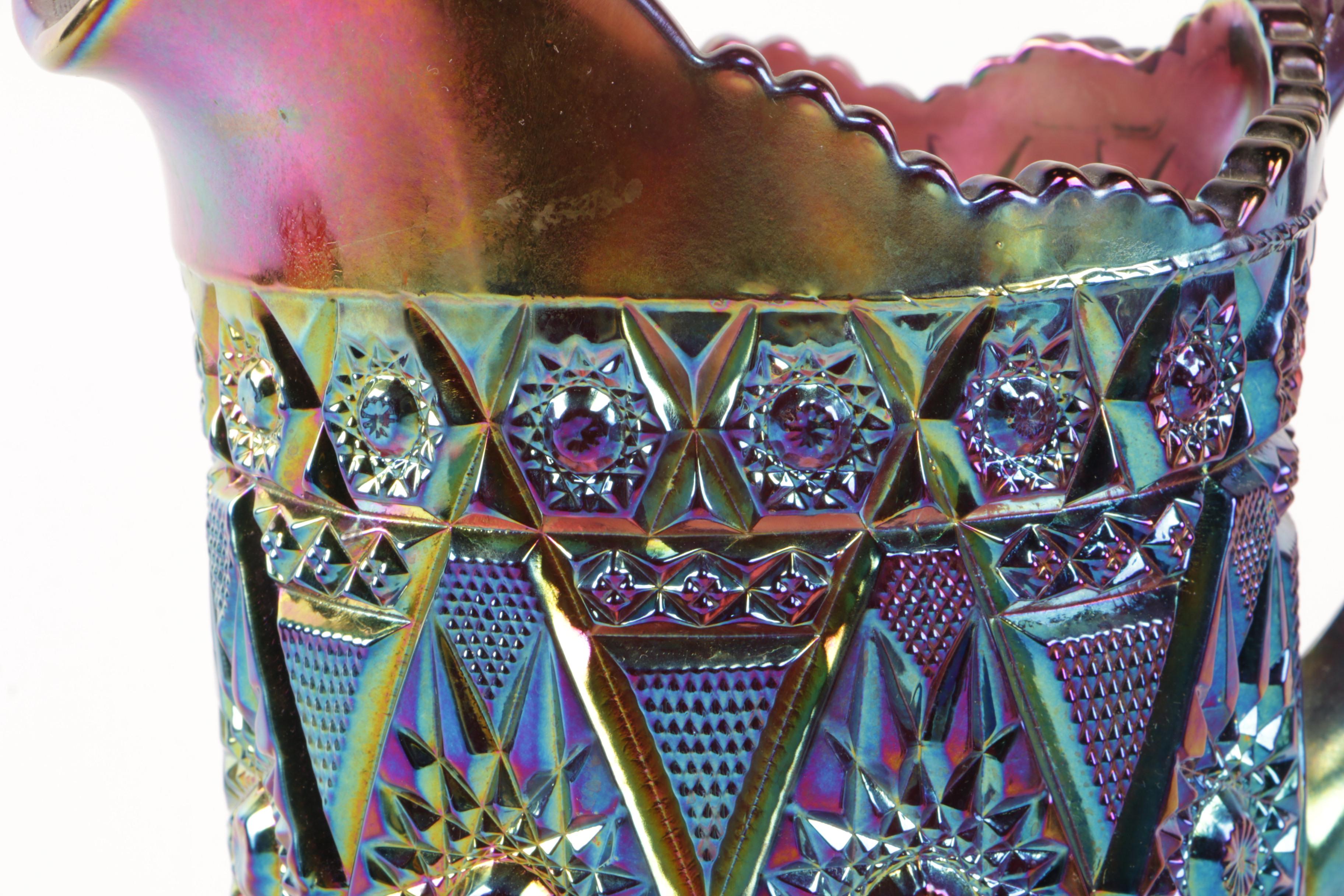 Imperial "Diamond Lace" Amethyst Carnival Glass Pitcher and Tumblers