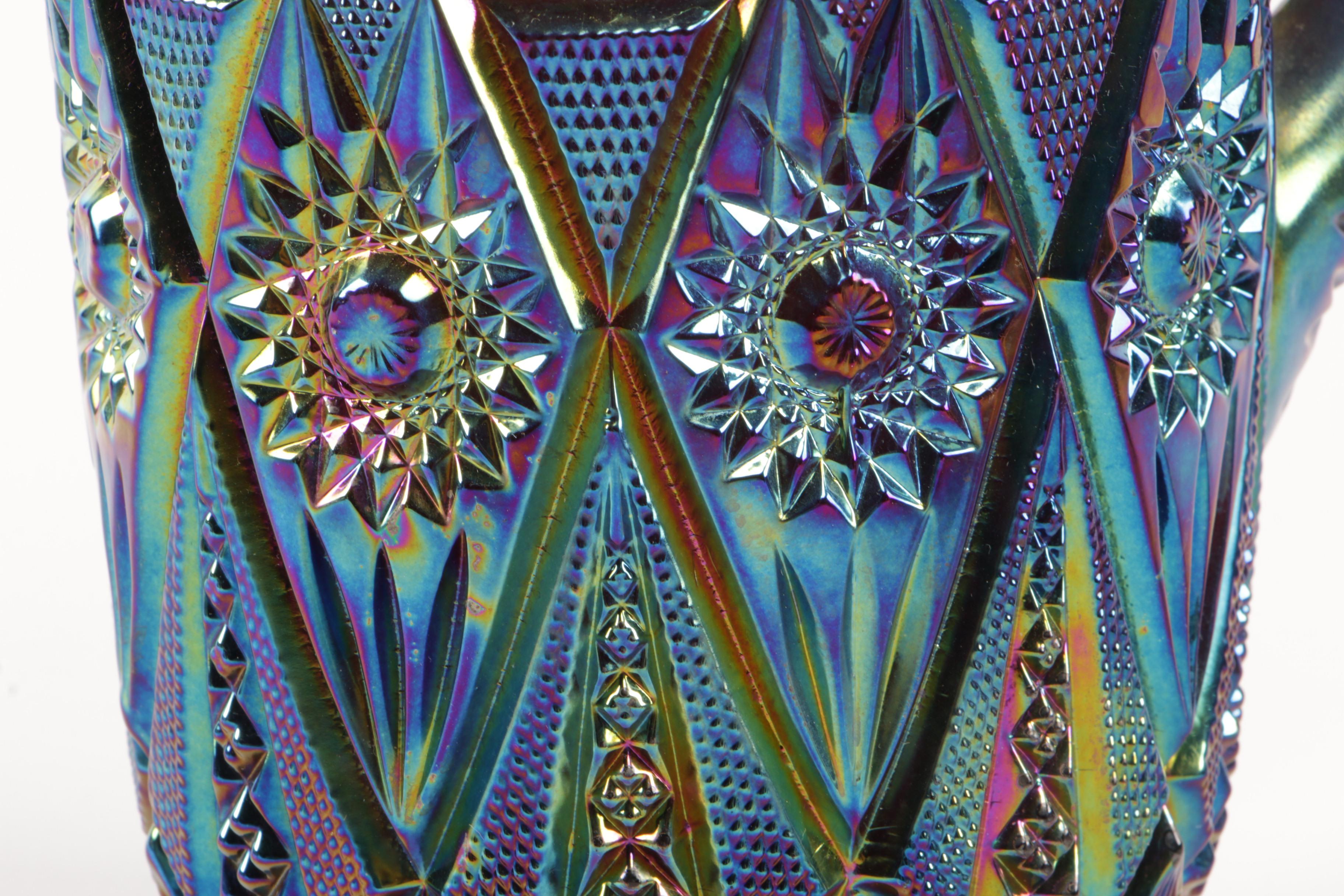 Imperial "Diamond Lace" Amethyst Carnival Glass Pitcher and Tumblers