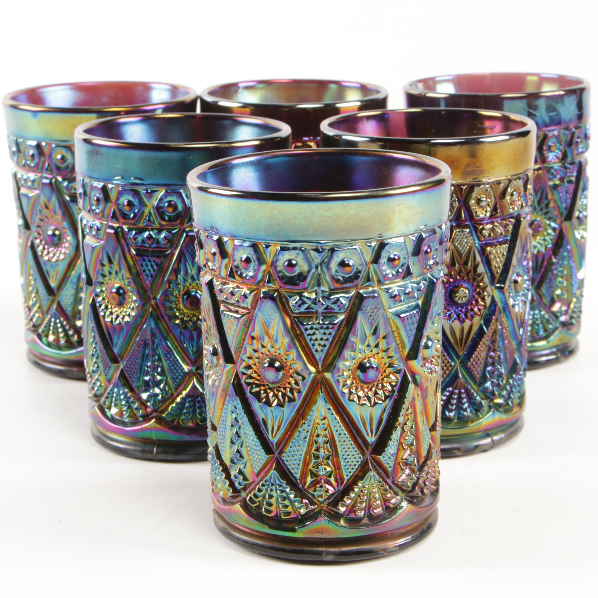 Imperial "Diamond Lace" Amethyst Carnival Glass Pitcher and Tumblers