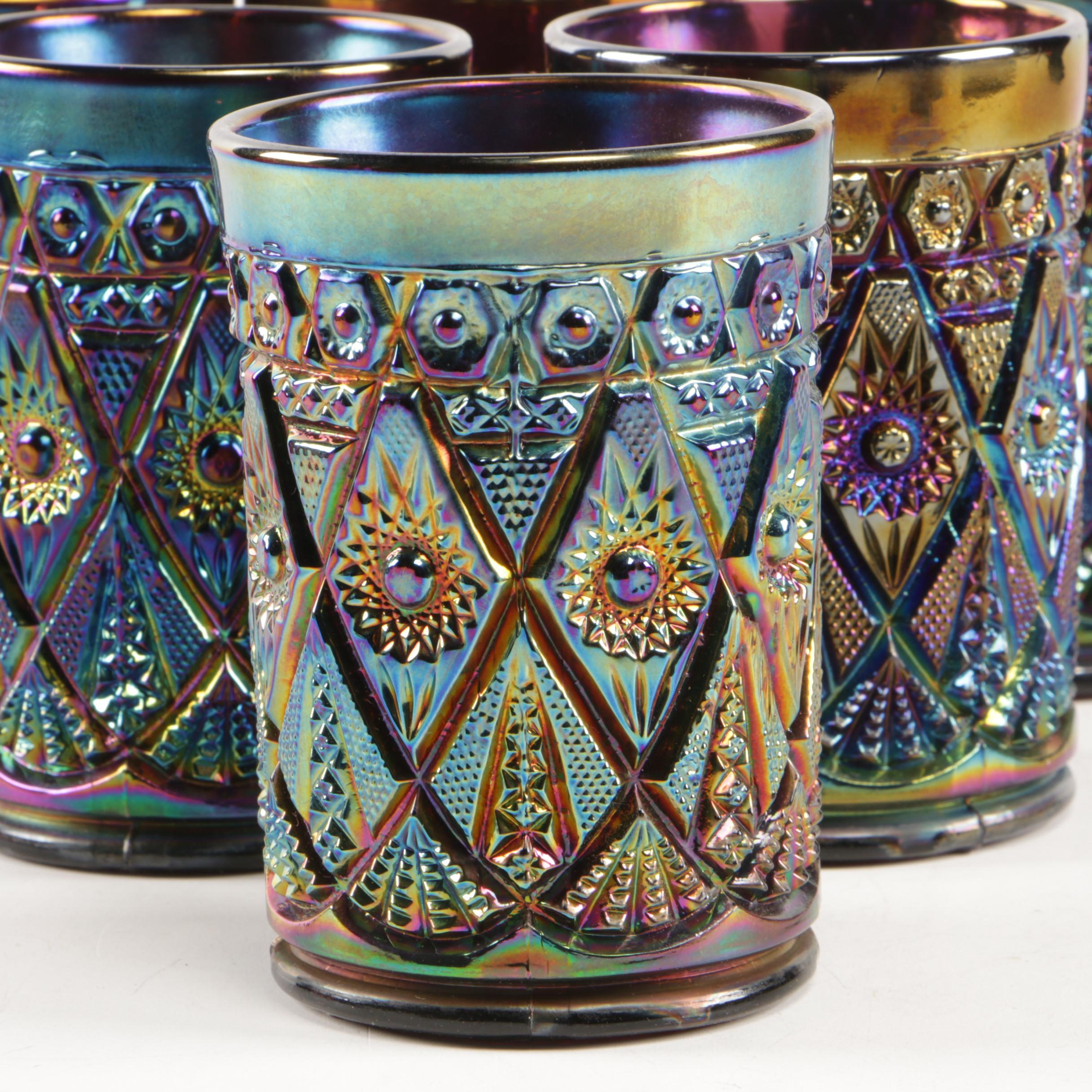 Imperial "Diamond Lace" Amethyst Carnival Glass Pitcher and Tumblers