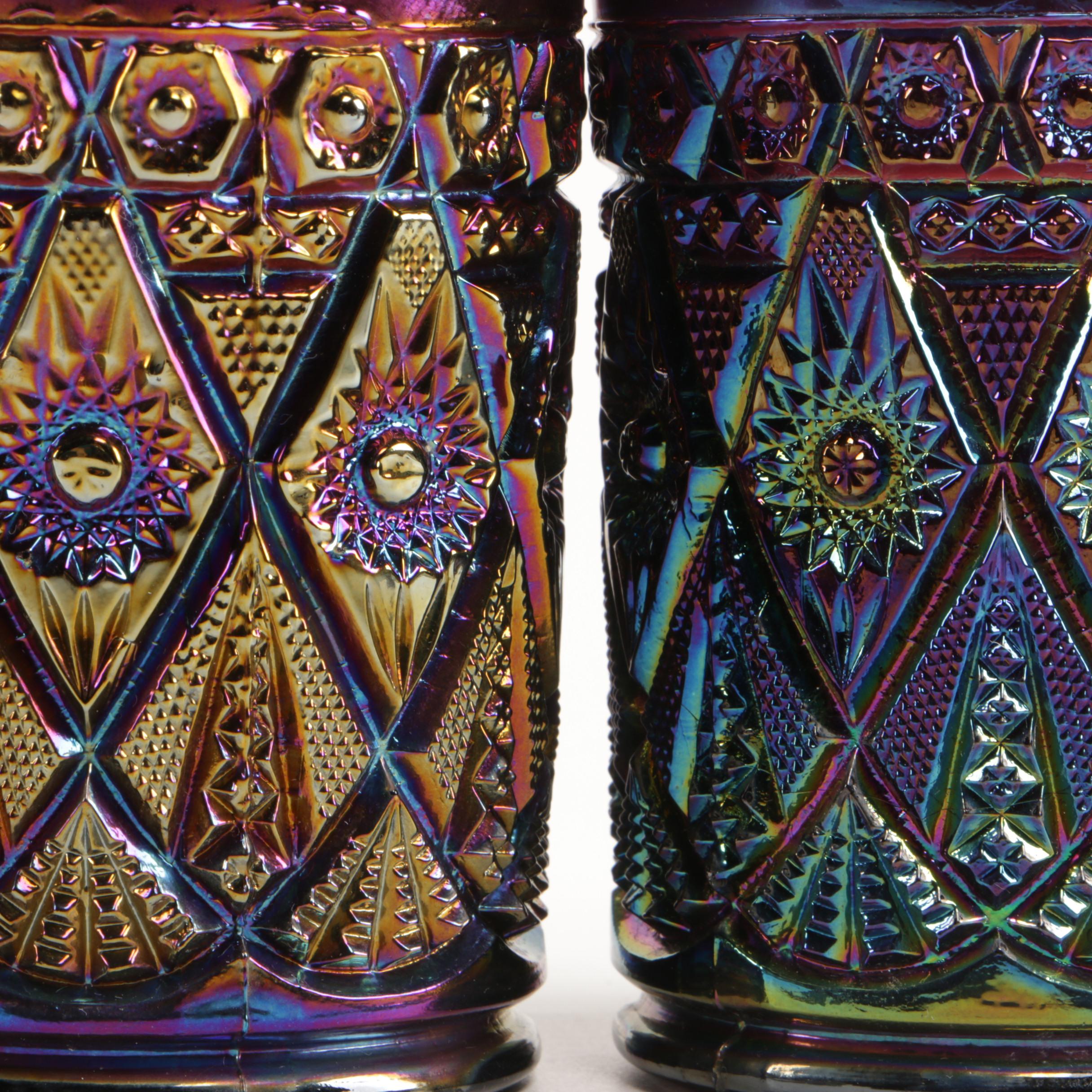 Imperial "Diamond Lace" Amethyst Carnival Glass Pitcher and Tumblers