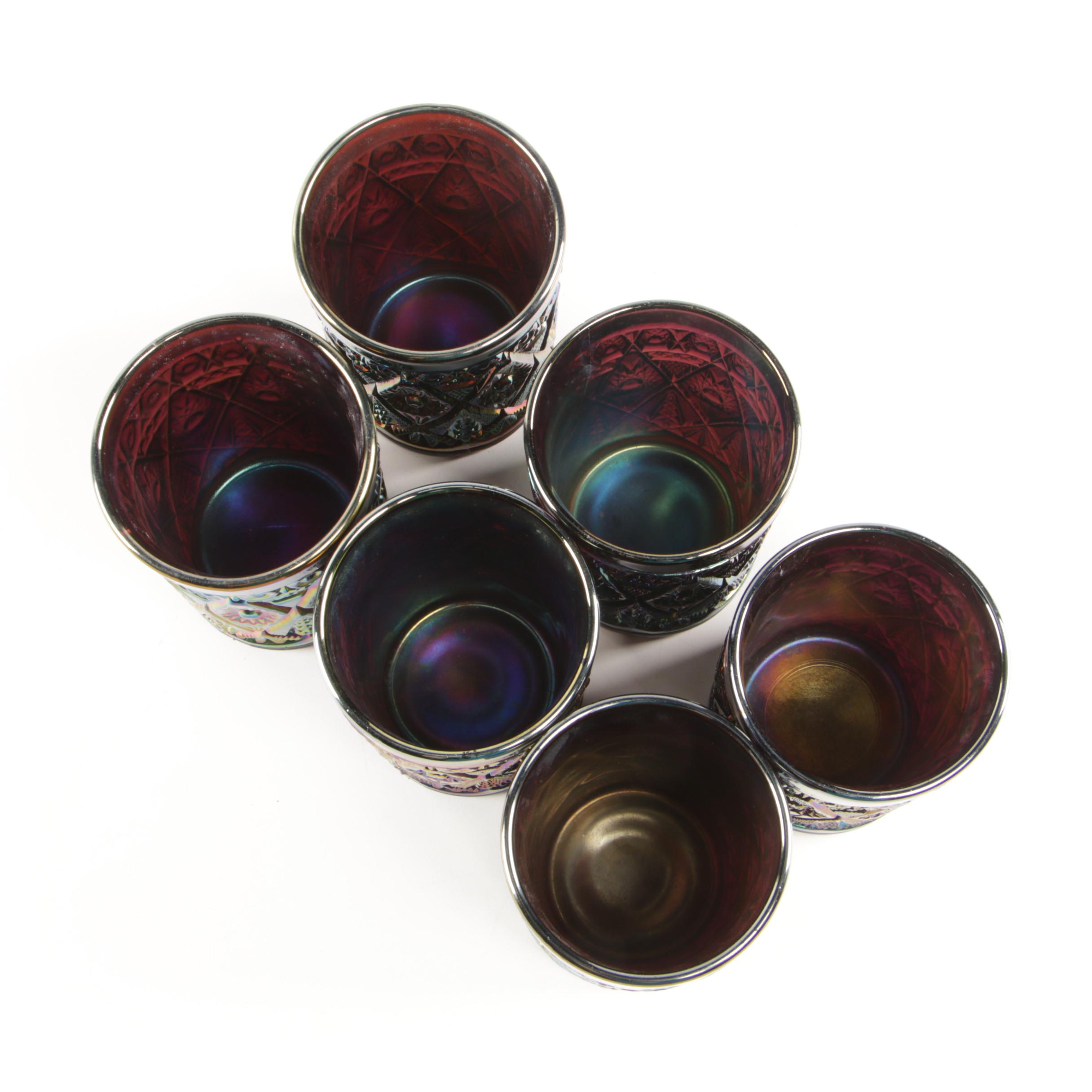 Imperial "Diamond Lace" Amethyst Carnival Glass Pitcher and Tumblers