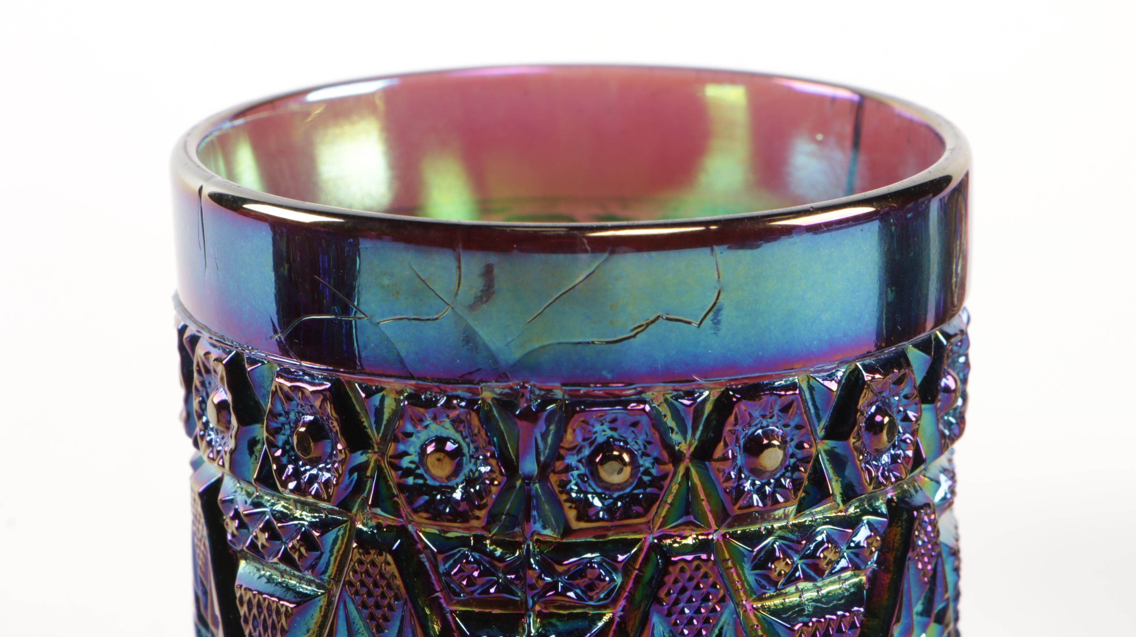 Imperial "Diamond Lace" Amethyst Carnival Glass Pitcher and Tumblers