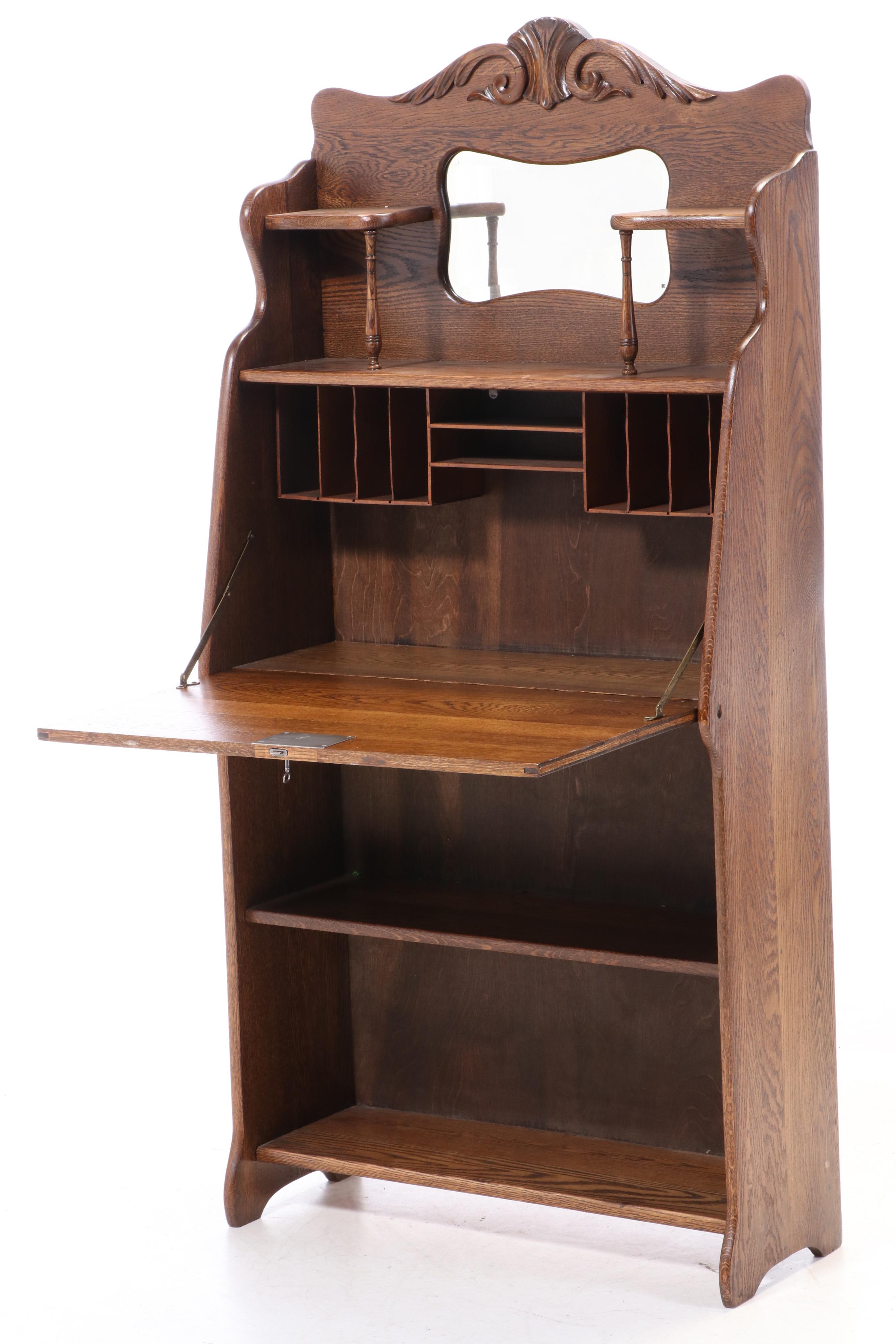 Larkin Drop Front Oak Secretary Desk with Mirror