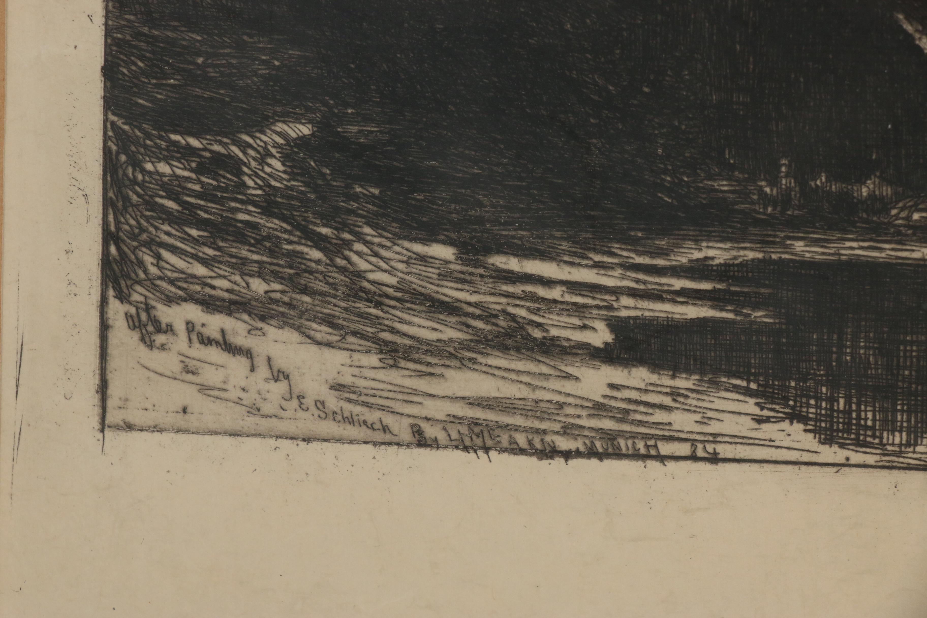 Lewis Henry Meakin Dutch Landscape Etching After Eduard Schleich, 1884