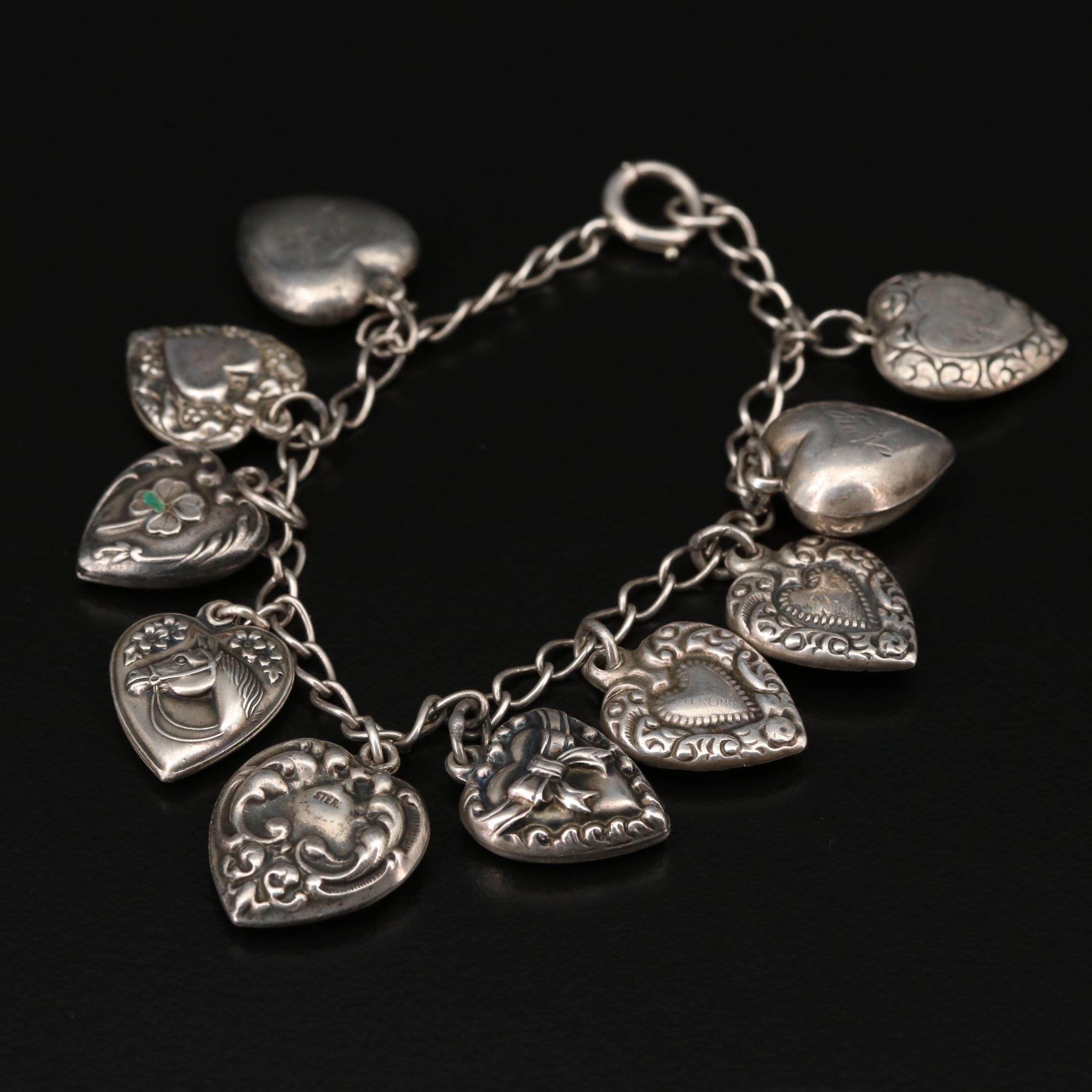 1940s Sterling Silver Puffy Heart Charm Bracelet Featuring Enamel Accents