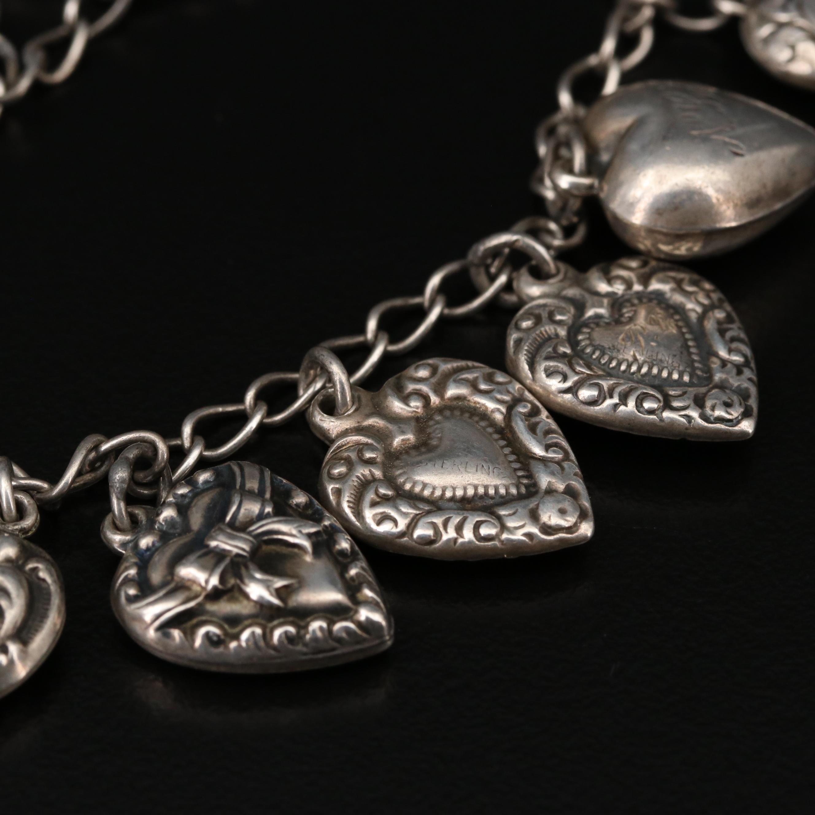1940s Sterling Silver Puffy Heart Charm Bracelet Featuring Enamel Accents