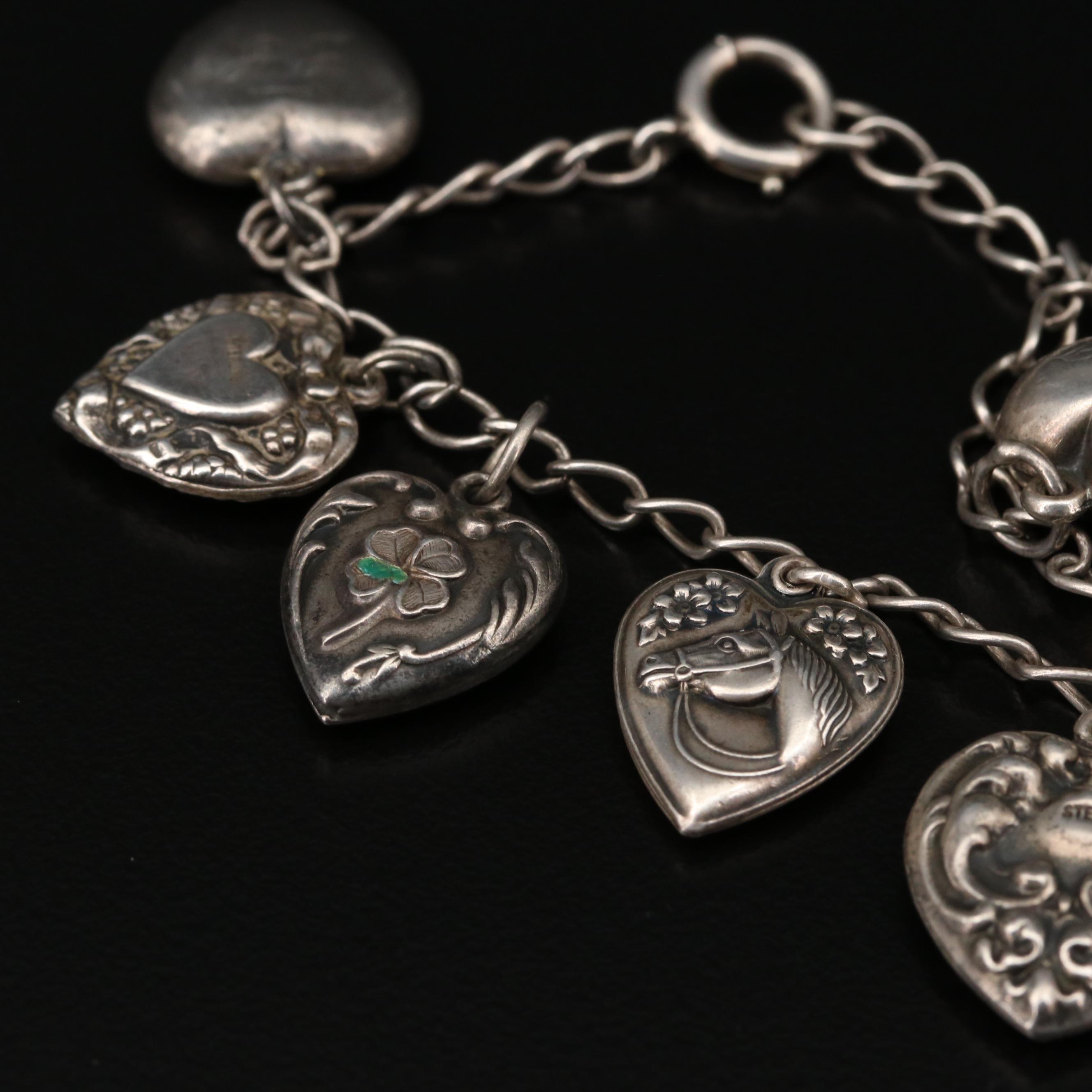 1940s Sterling Silver Puffy Heart Charm Bracelet Featuring Enamel Accents