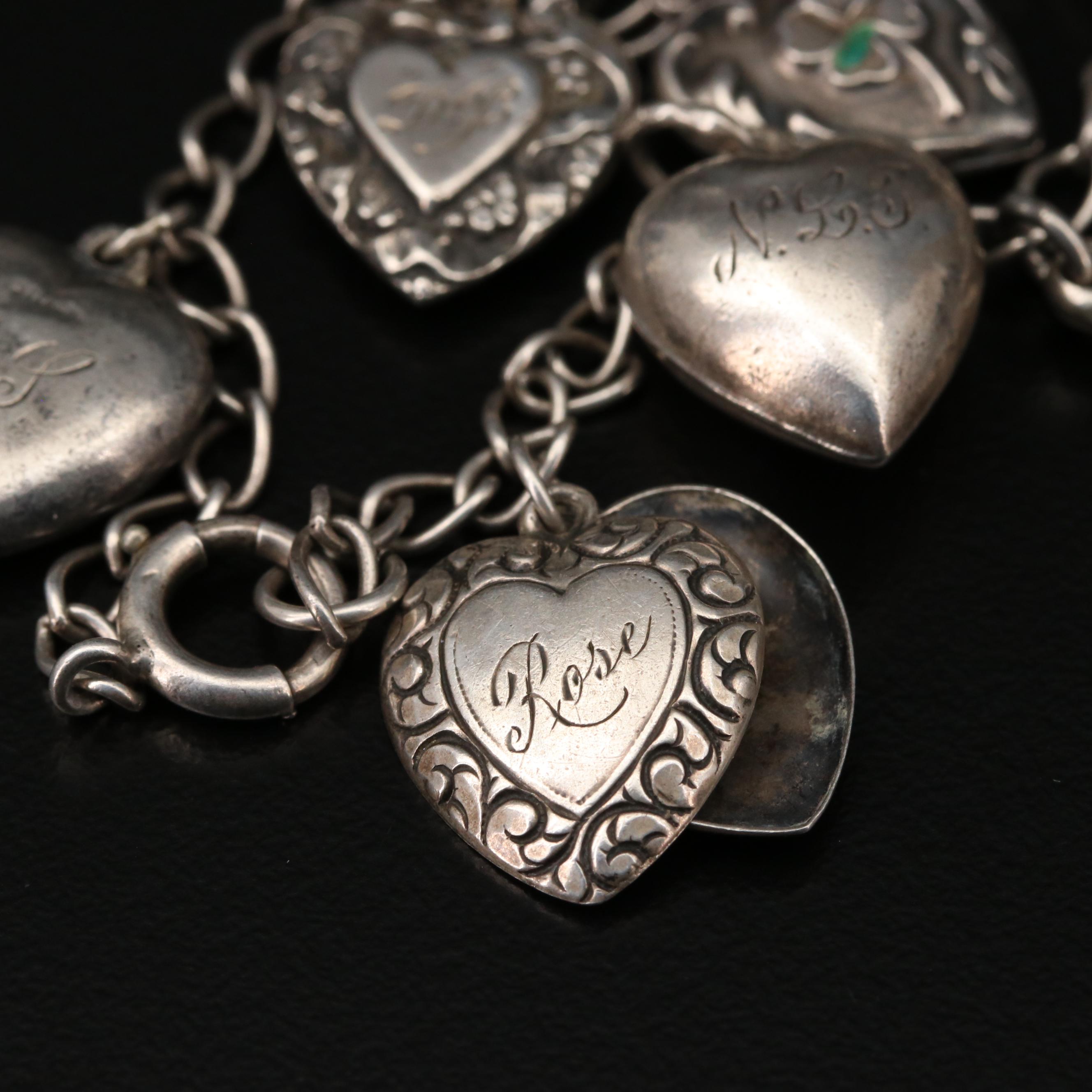 1940s Sterling Silver Puffy Heart Charm Bracelet Featuring Enamel Accents