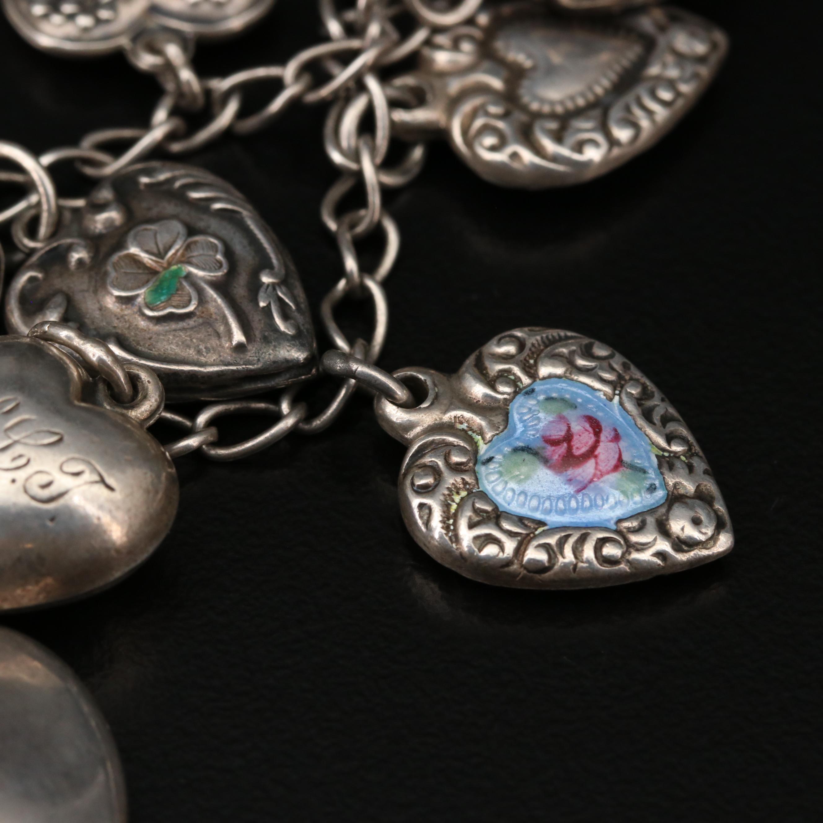 1940s Sterling Silver Puffy Heart Charm Bracelet Featuring Enamel Accents
