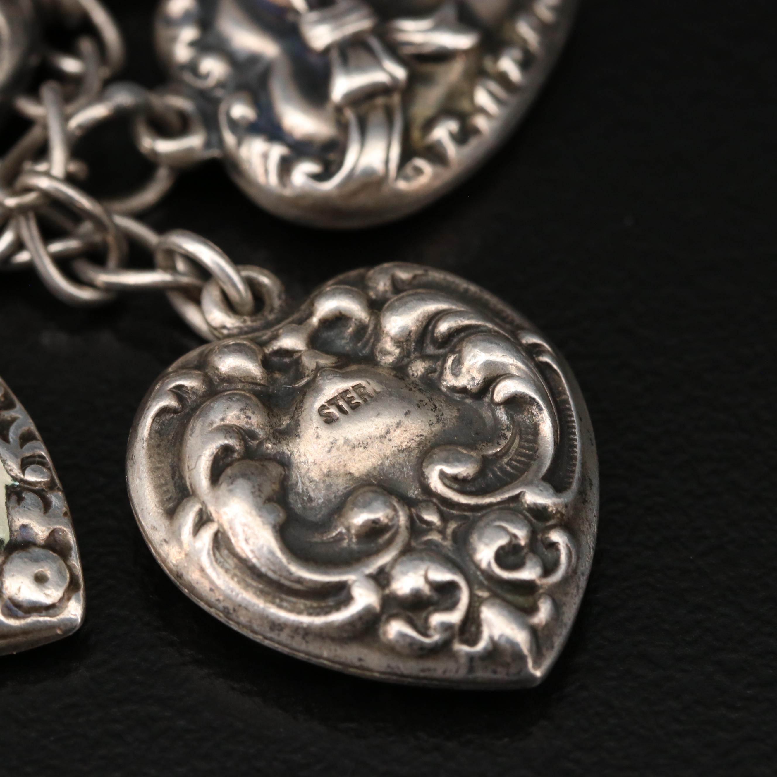 1940s Sterling Silver Puffy Heart Charm Bracelet Featuring Enamel Accents