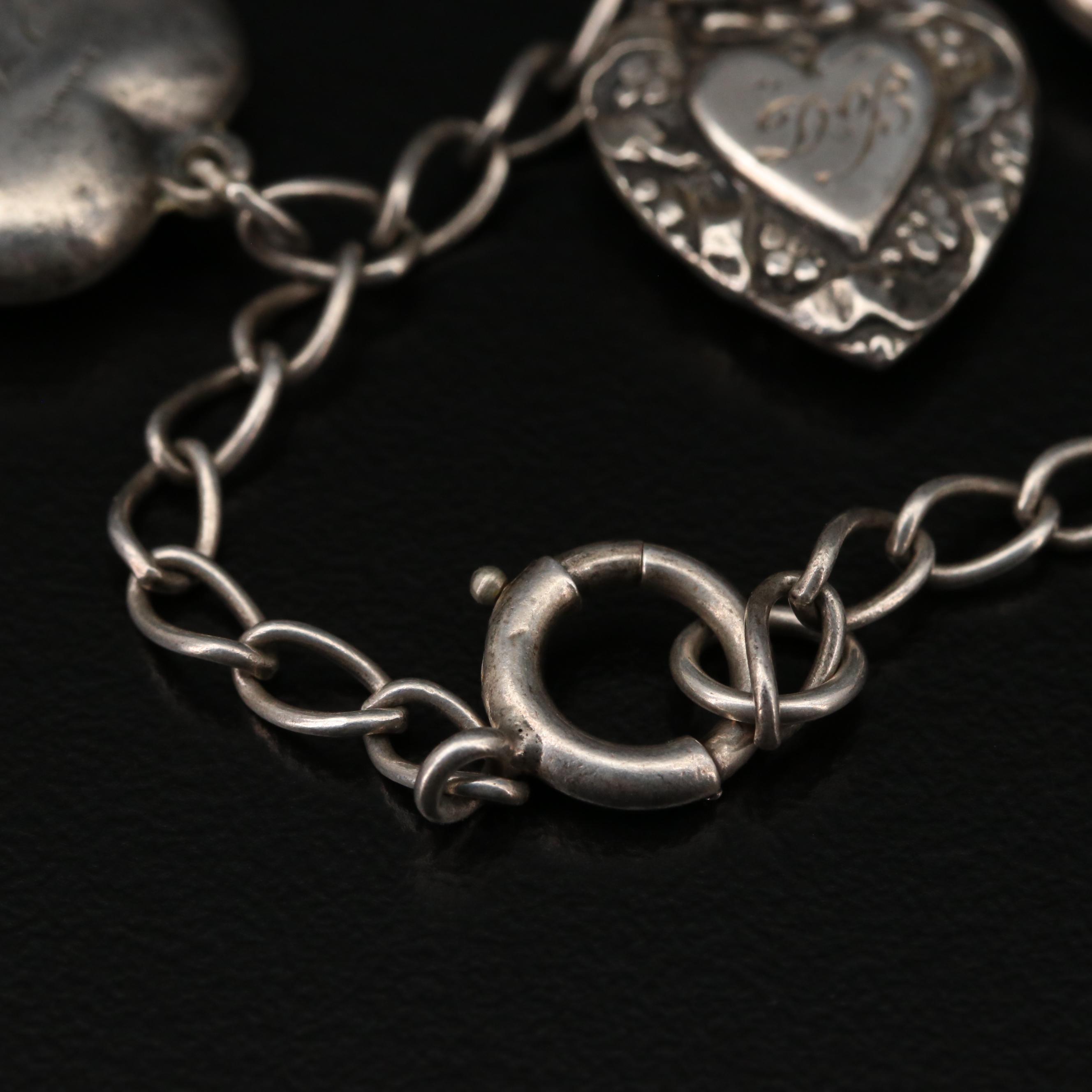 1940s Sterling Silver Puffy Heart Charm Bracelet Featuring Enamel Accents