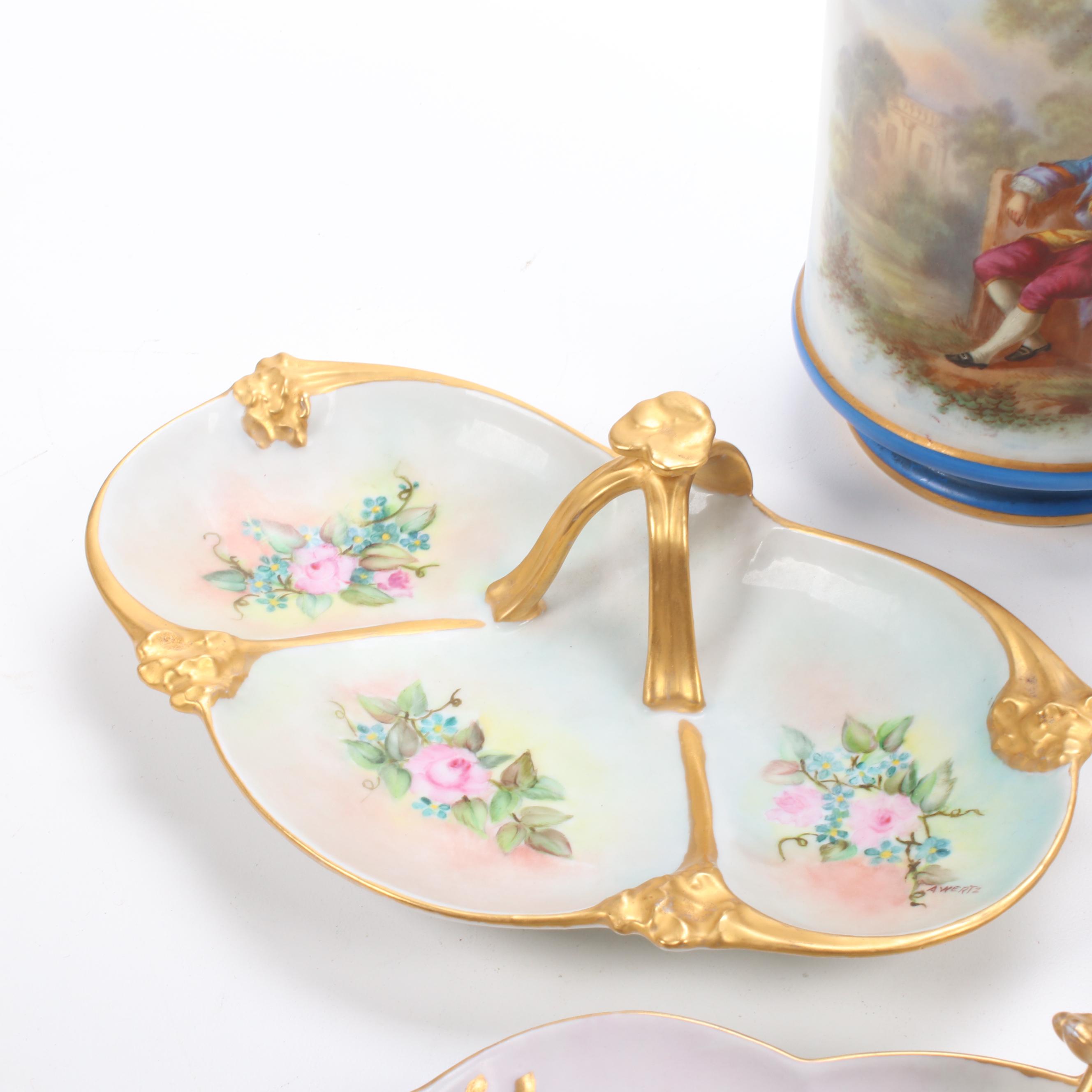 European Hand-Painted Porcelain Table Accessories, Antique