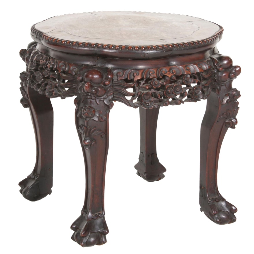 Chinese Hardwood and Pink Marble Side Table, Late 19th/Early 20th Century