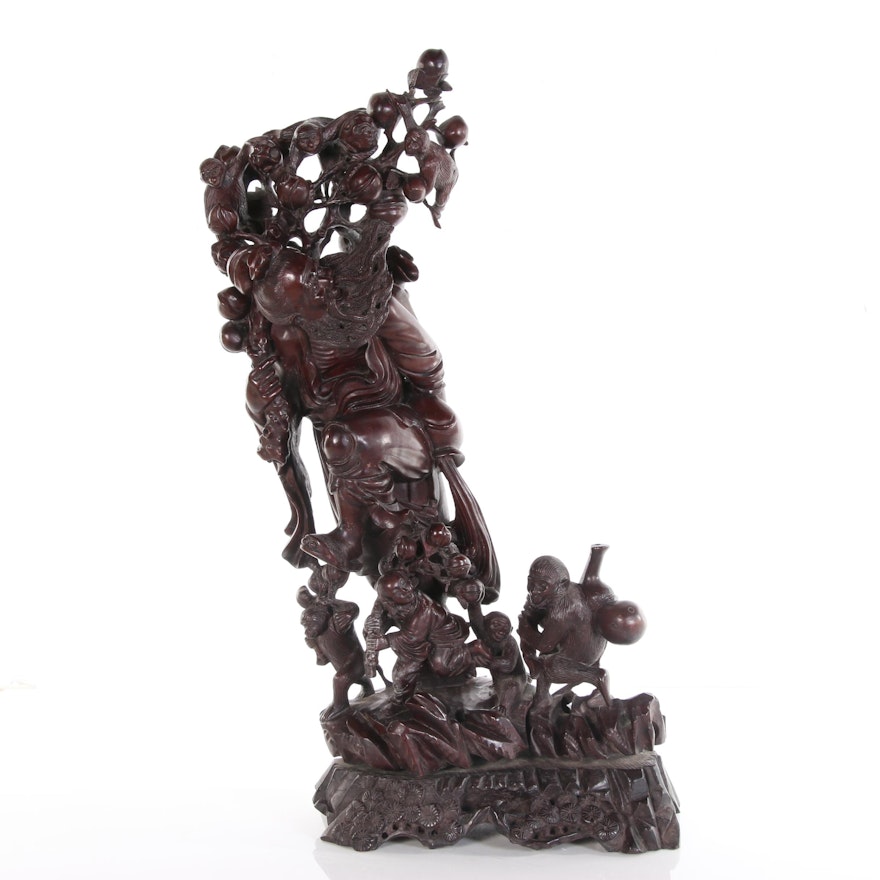 Antique Chinese Carved Wood Sculpture of Man with Child and Monkeys