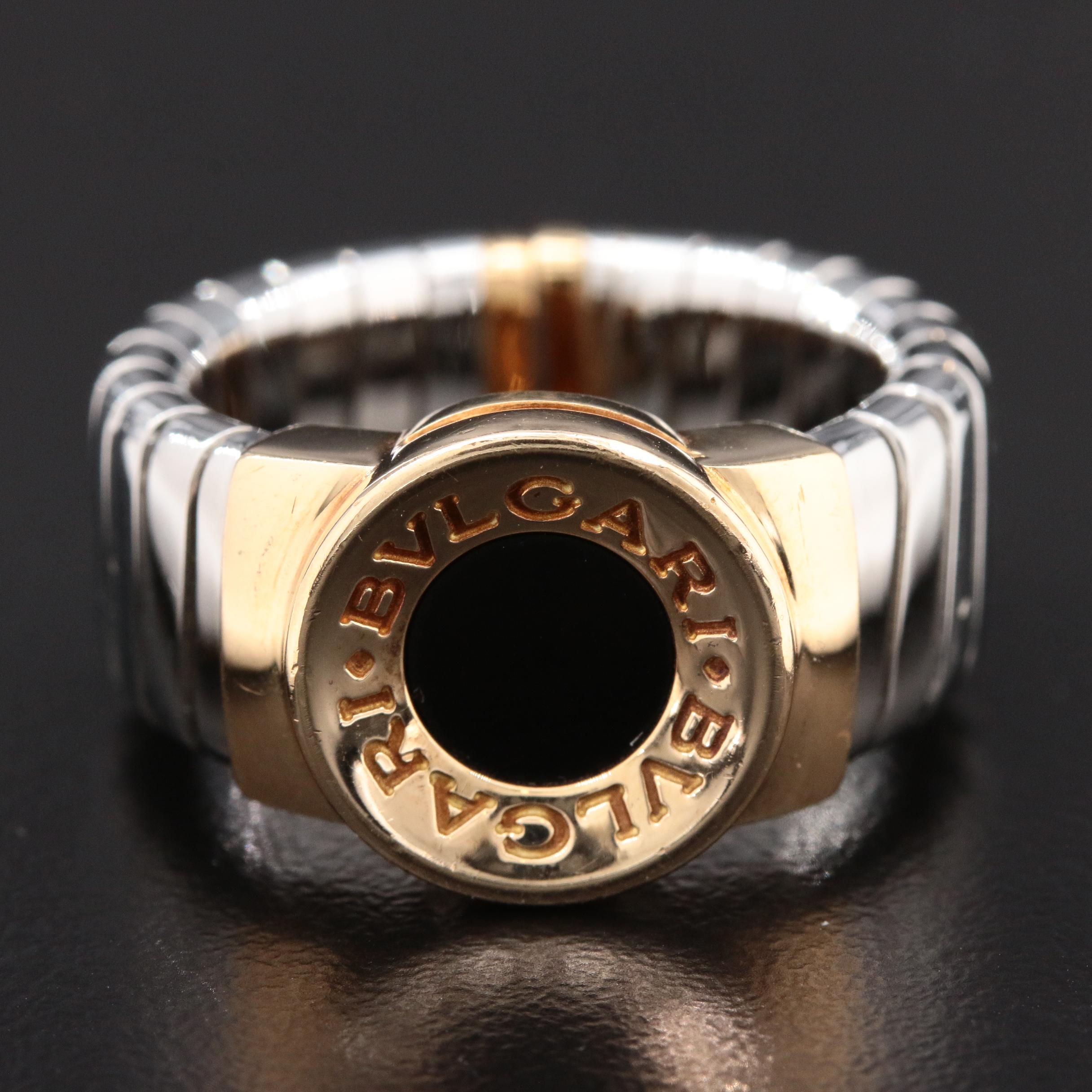 Bvlgari "Tubogas" 18K Gold and Stainless Steel Black Onyx Ring