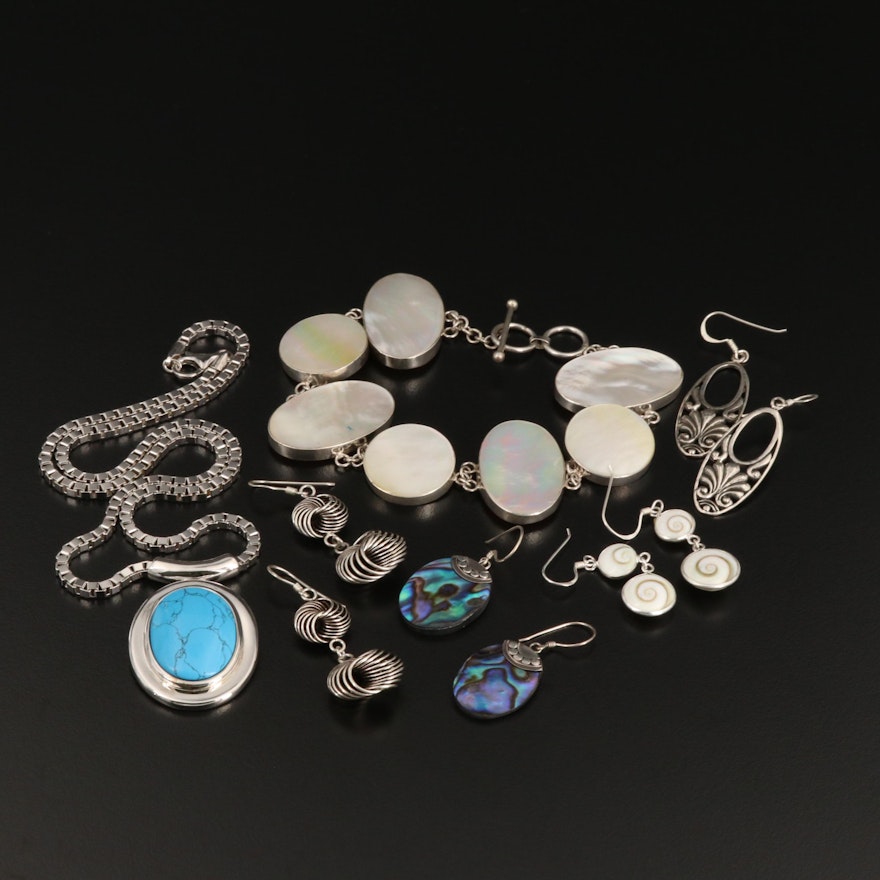 Assorted Sterling Silver Jewelry Including Abalone, Shell and Magnesite