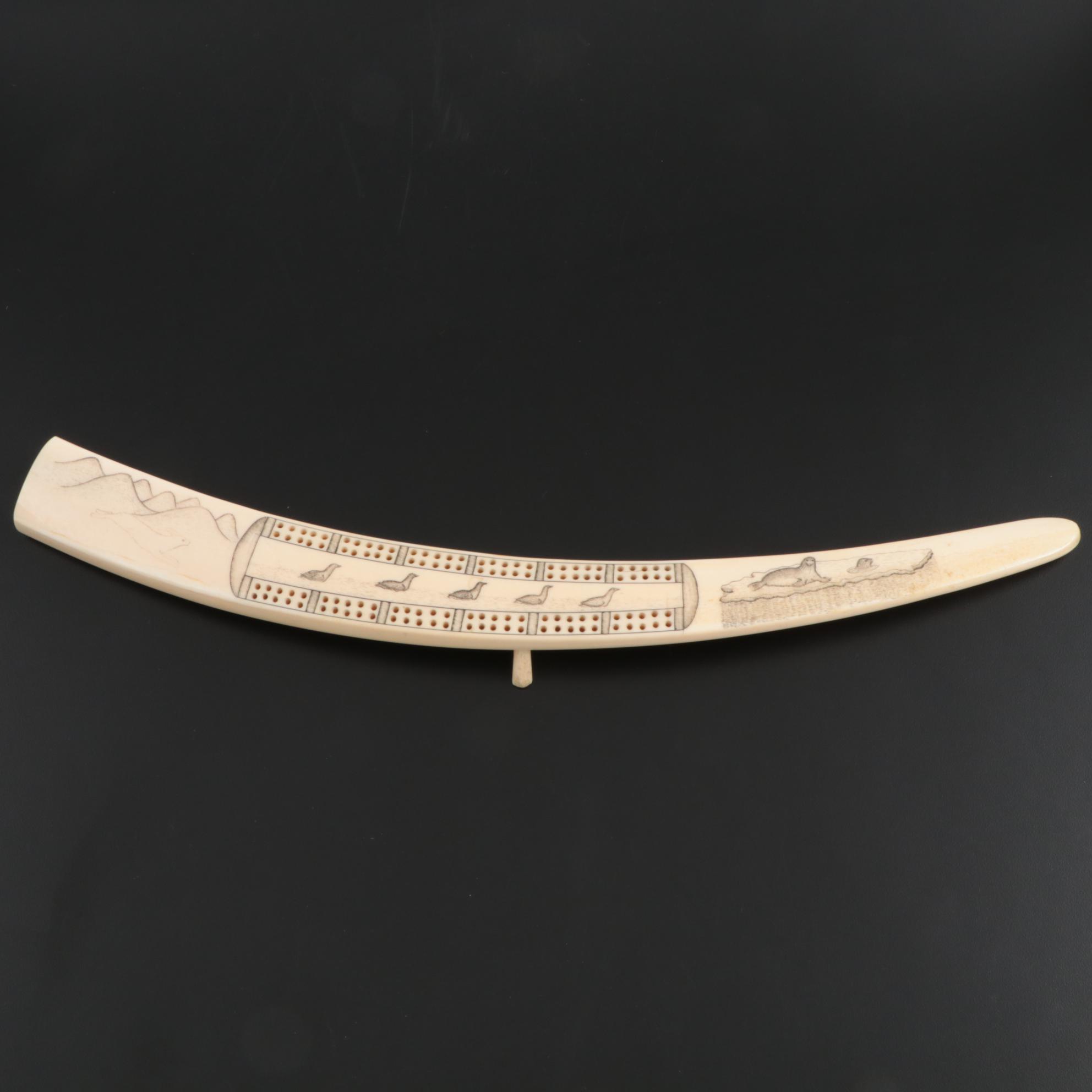 Inuit Scrimshaw Walrus Tusk Cribbage Board, Early 20th Century