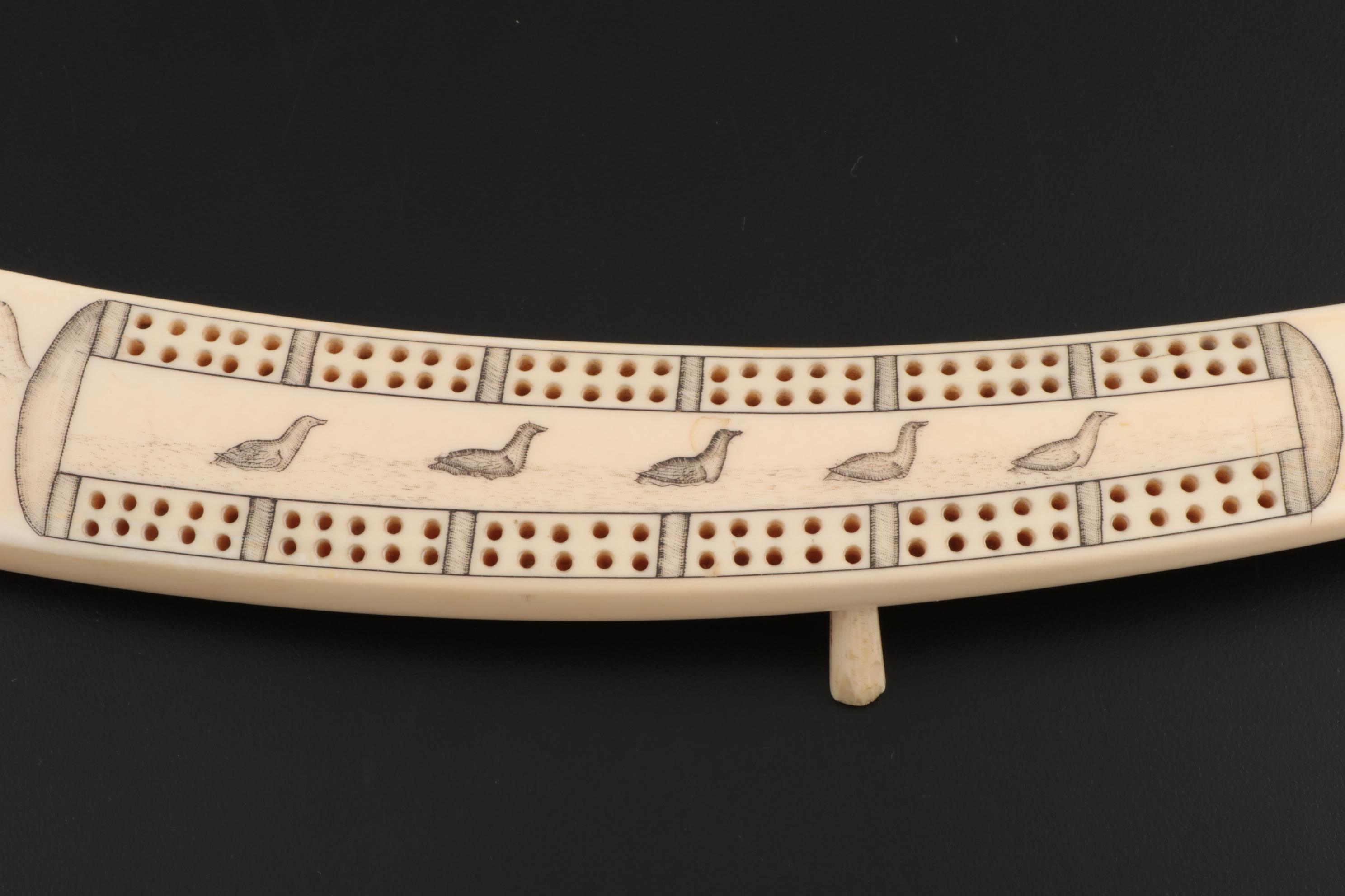 Inuit Scrimshaw Walrus Tusk Cribbage Board, Early 20th Century