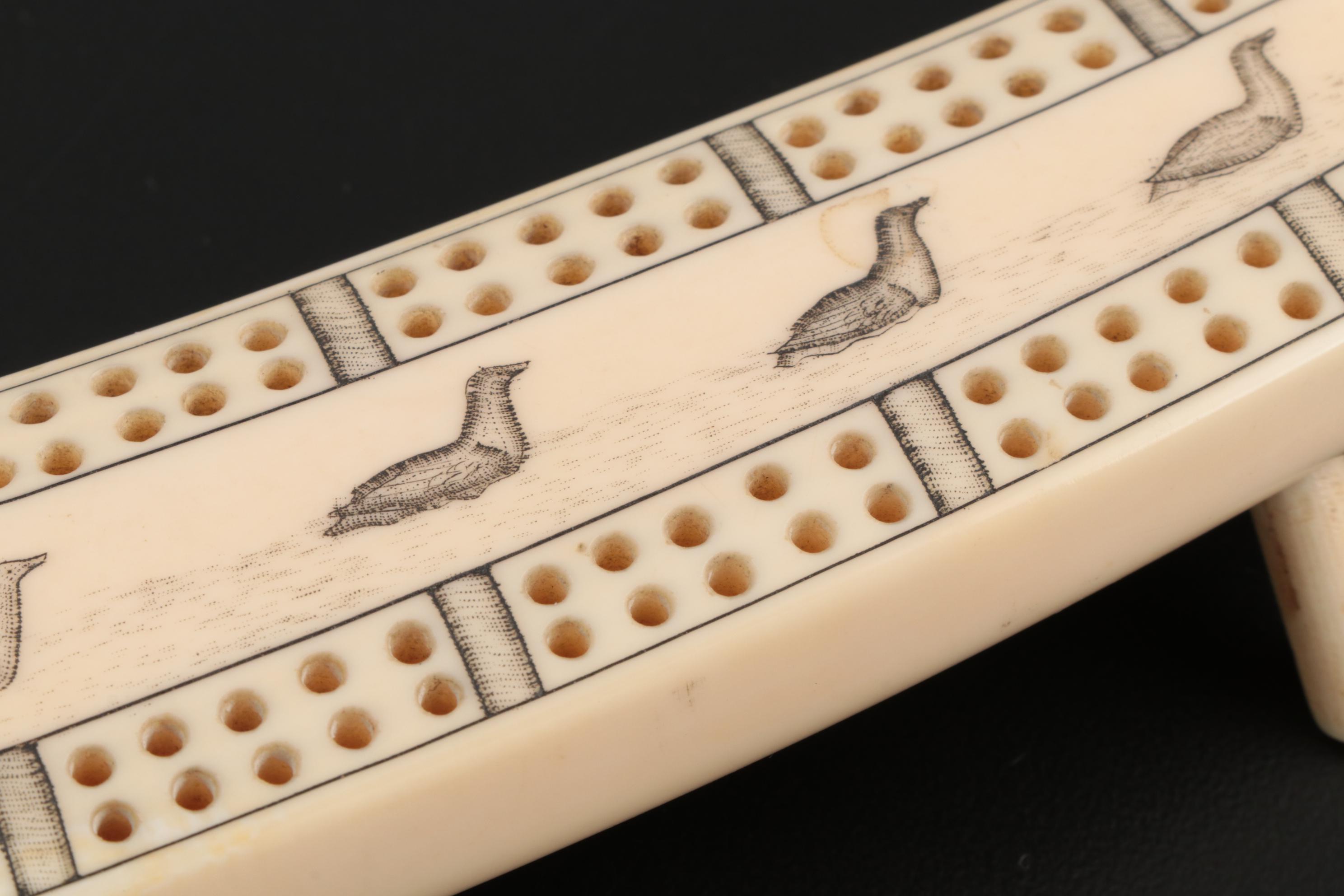 Inuit Scrimshaw Walrus Tusk Cribbage Board, Early 20th Century