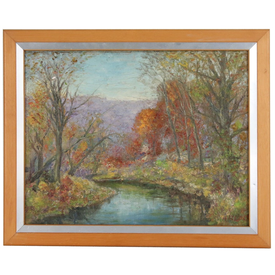 Autumn Landscape Oil Painting "Dunellen in November", Late 20th century