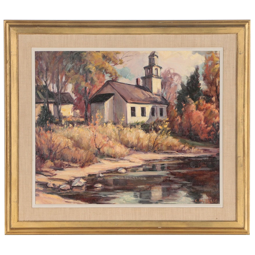 Carl W. Illig Autumn Landscape Oil Painting, Mid 20th Century