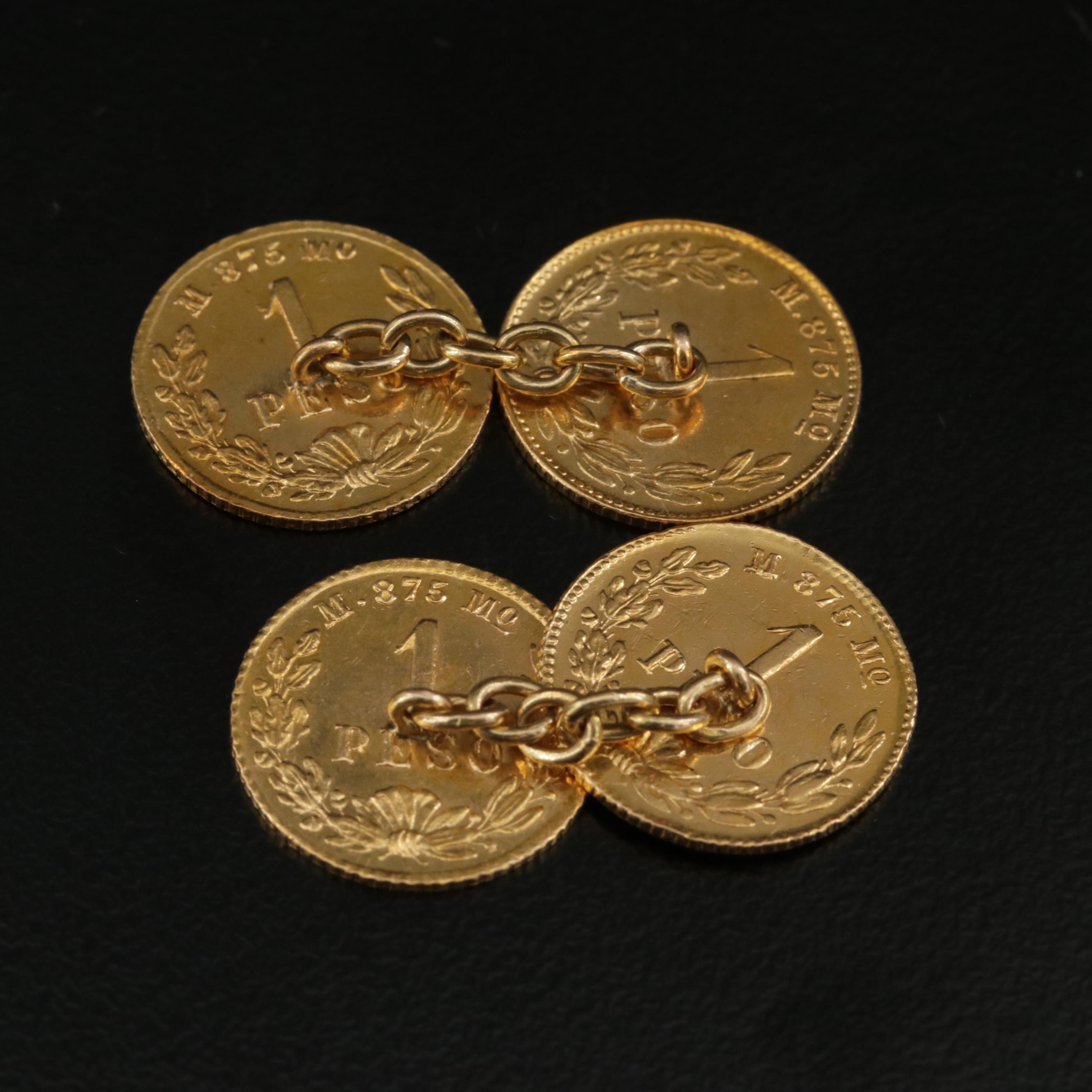 14K Gold Cufflinks with Late 19th Century Mexican Gold Peso Coins