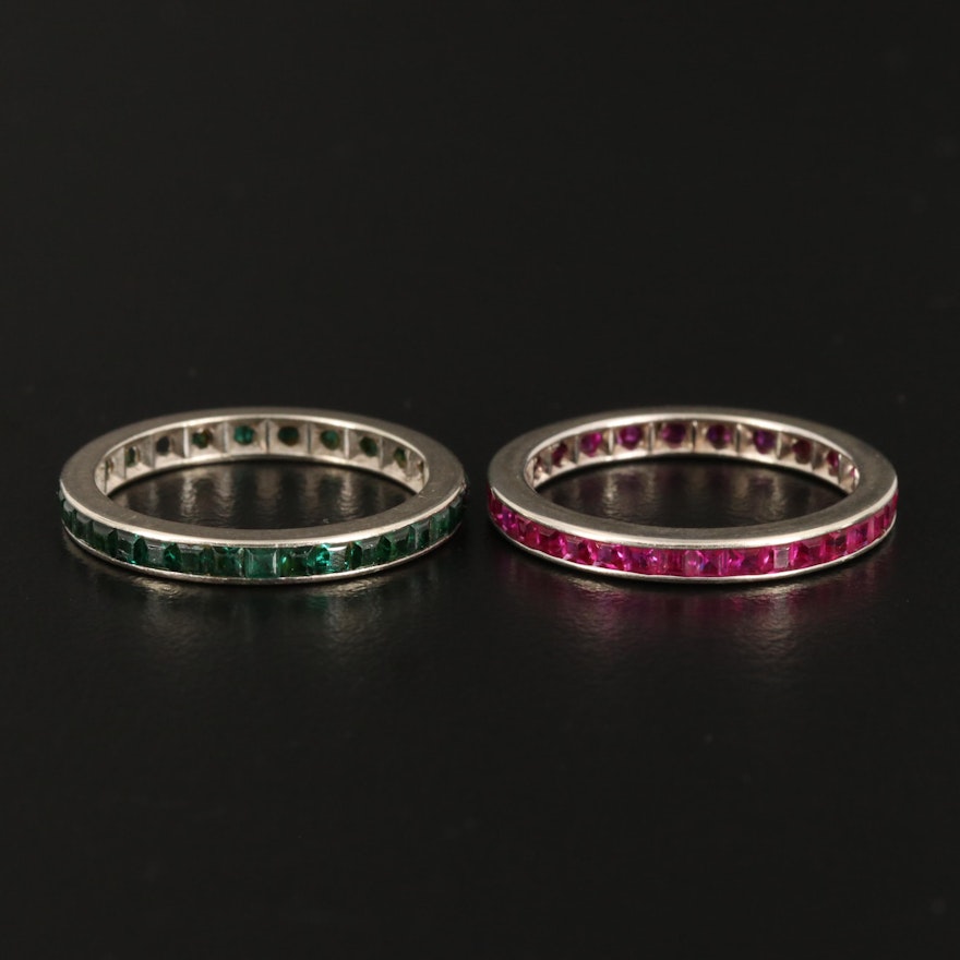14K Gold Ruby and Imitation Emerald Stacking Rings