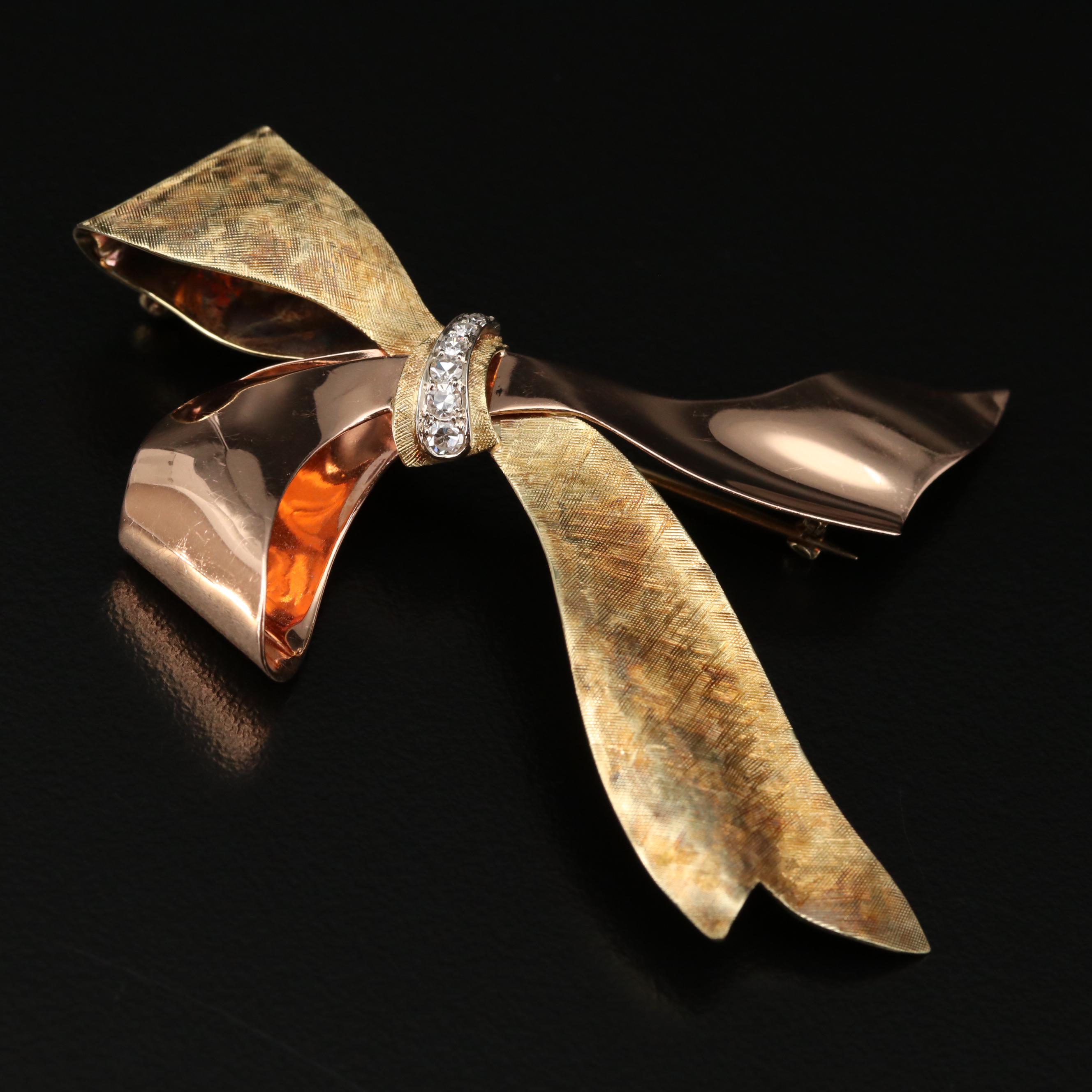 Retro Style Krementz 14K Gold Diamond Bow Brooch With Florentine Finish