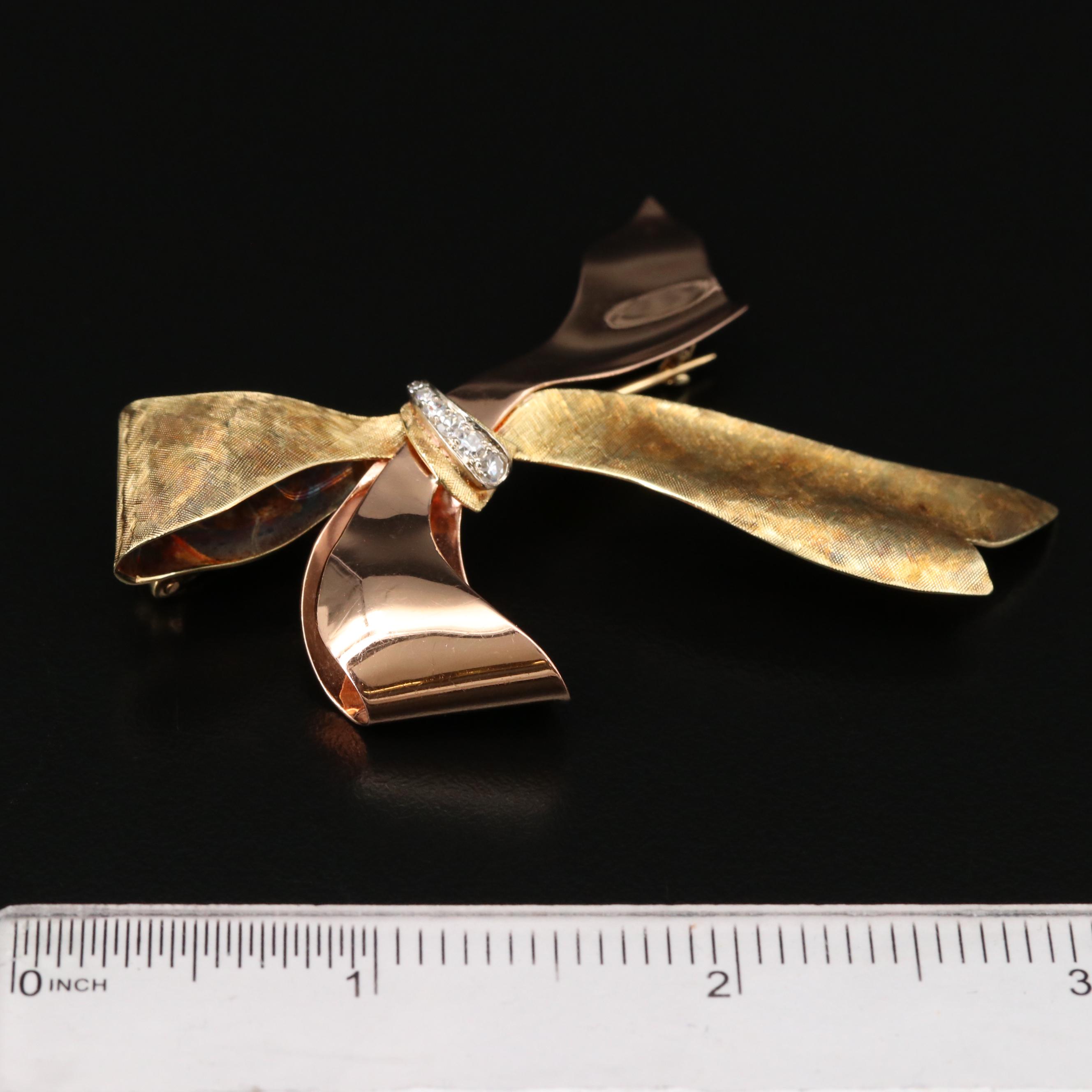 Retro Style Krementz 14K Gold Diamond Bow Brooch With Florentine Finish
