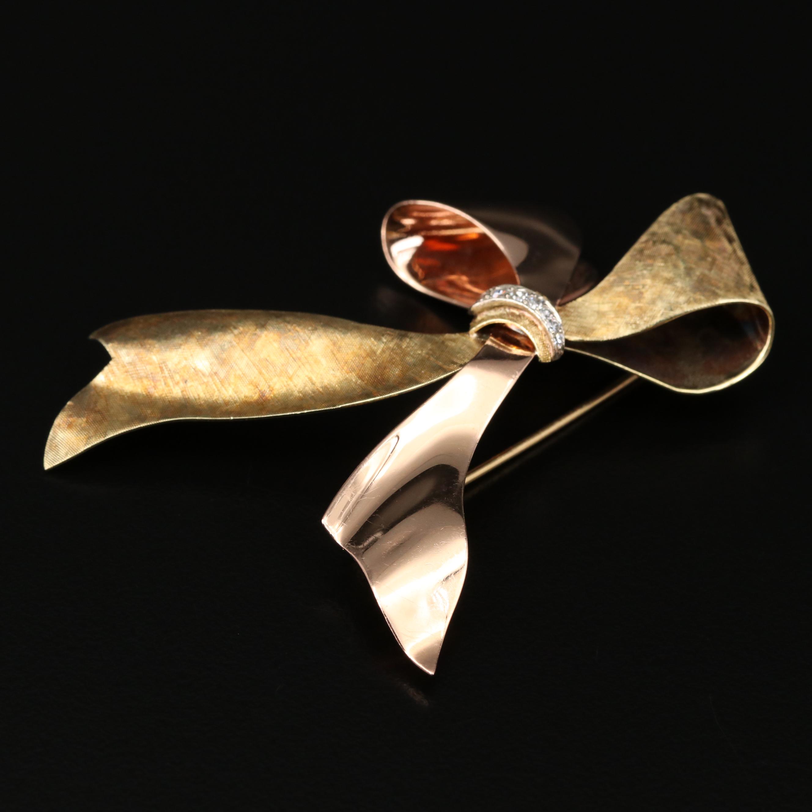 Retro Style Krementz 14K Gold Diamond Bow Brooch With Florentine Finish