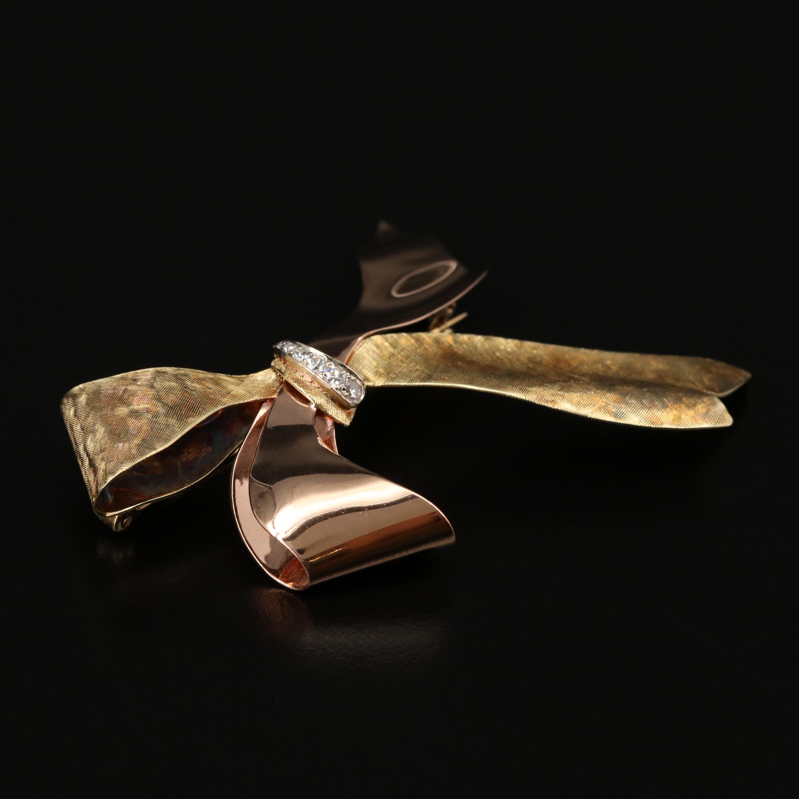 Retro Style Krementz 14K Gold Diamond Bow Brooch With Florentine Finish