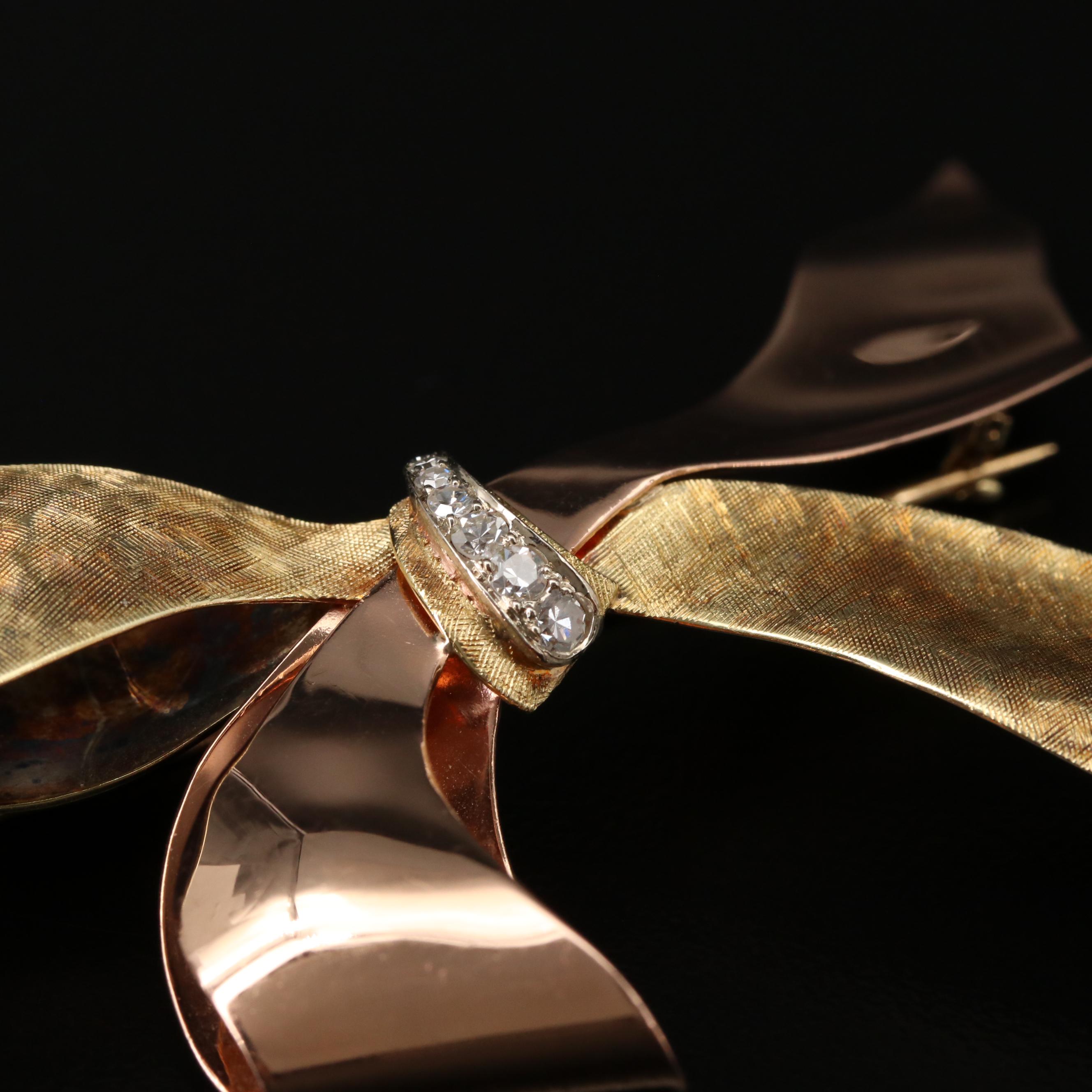 Retro Style Krementz 14K Gold Diamond Bow Brooch With Florentine Finish