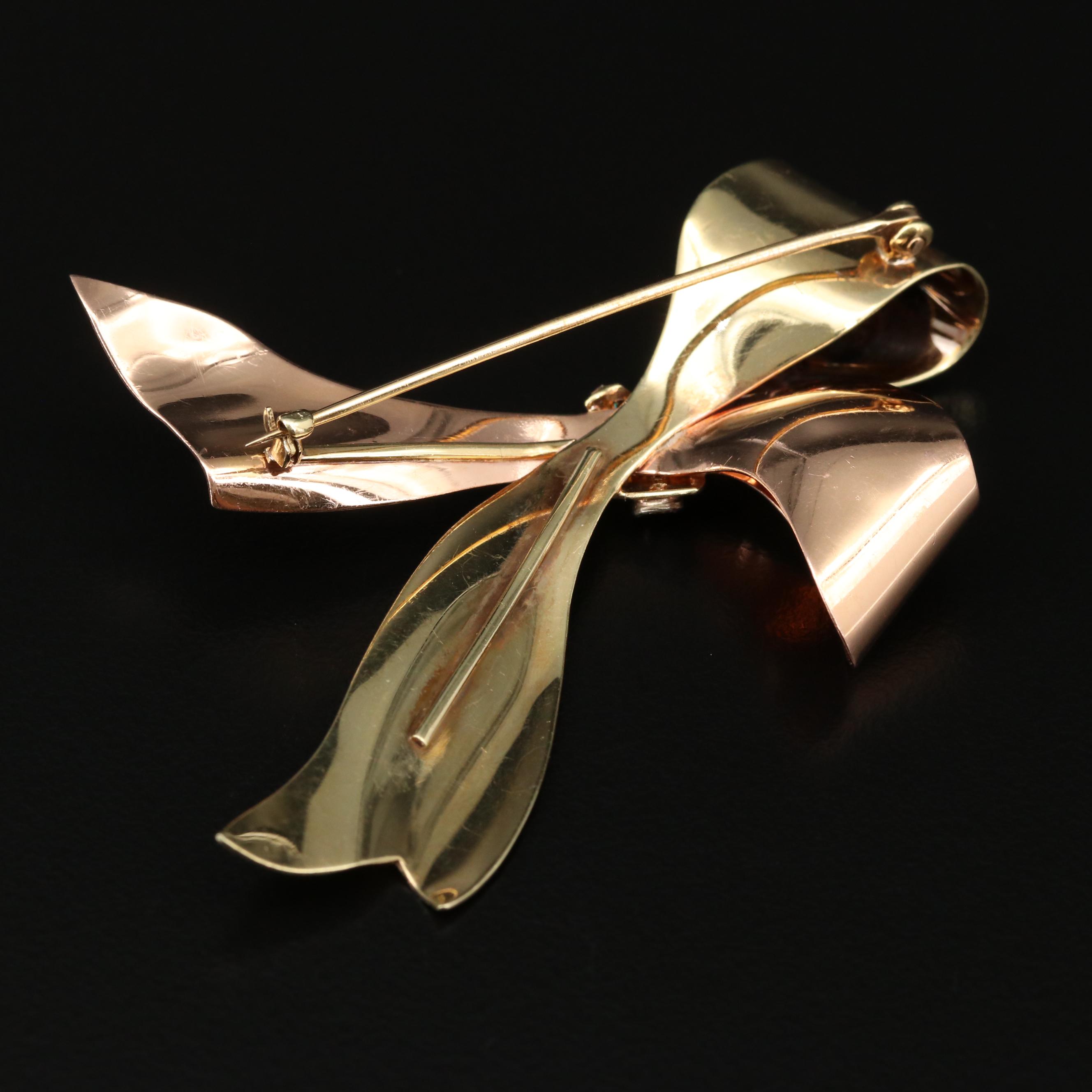 Retro Style Krementz 14K Gold Diamond Bow Brooch With Florentine Finish