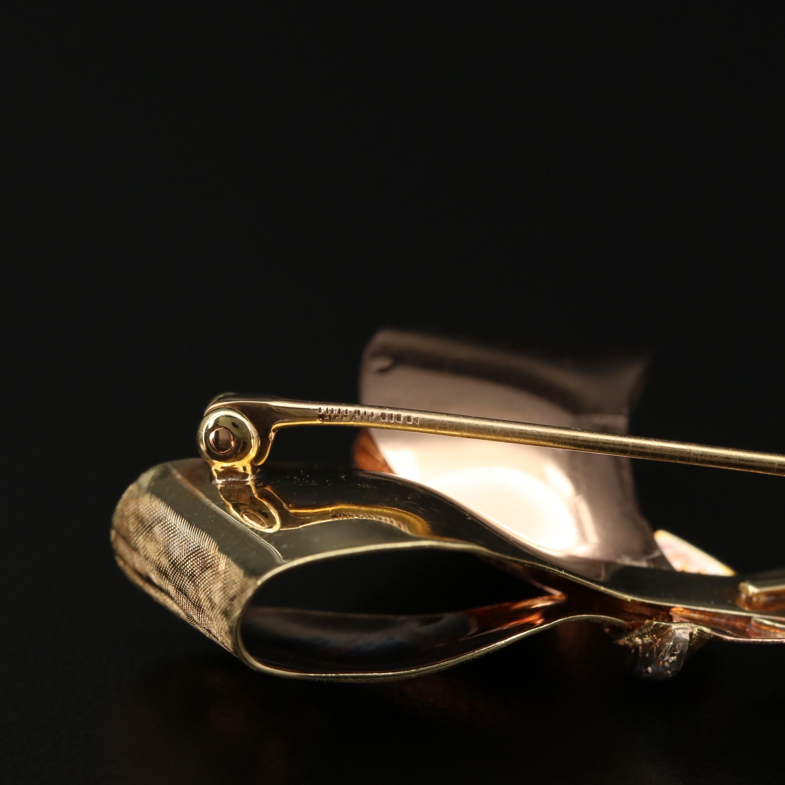 Retro Style Krementz 14K Gold Diamond Bow Brooch With Florentine Finish