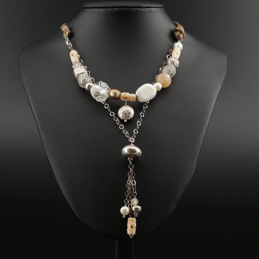 Sterling Silver Necklace Featuring Glass, Magnesite, Cultured Pearl, and Bone