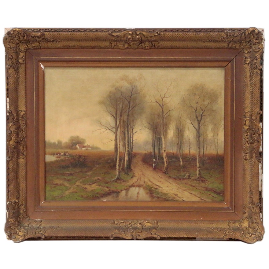 W. Warren Brown Country Landscape Oil Painting, Late 19th to Early 20th Century
