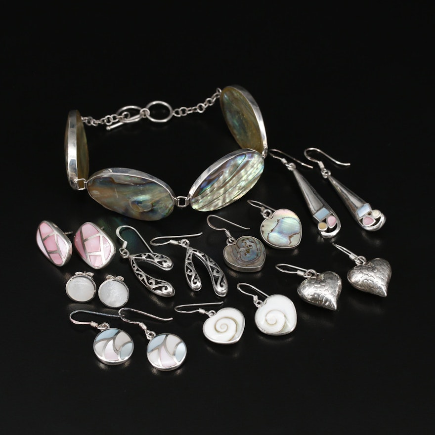 Sterling Earrings and Bracelet Including Abalone, Mother of Pearl and Shell