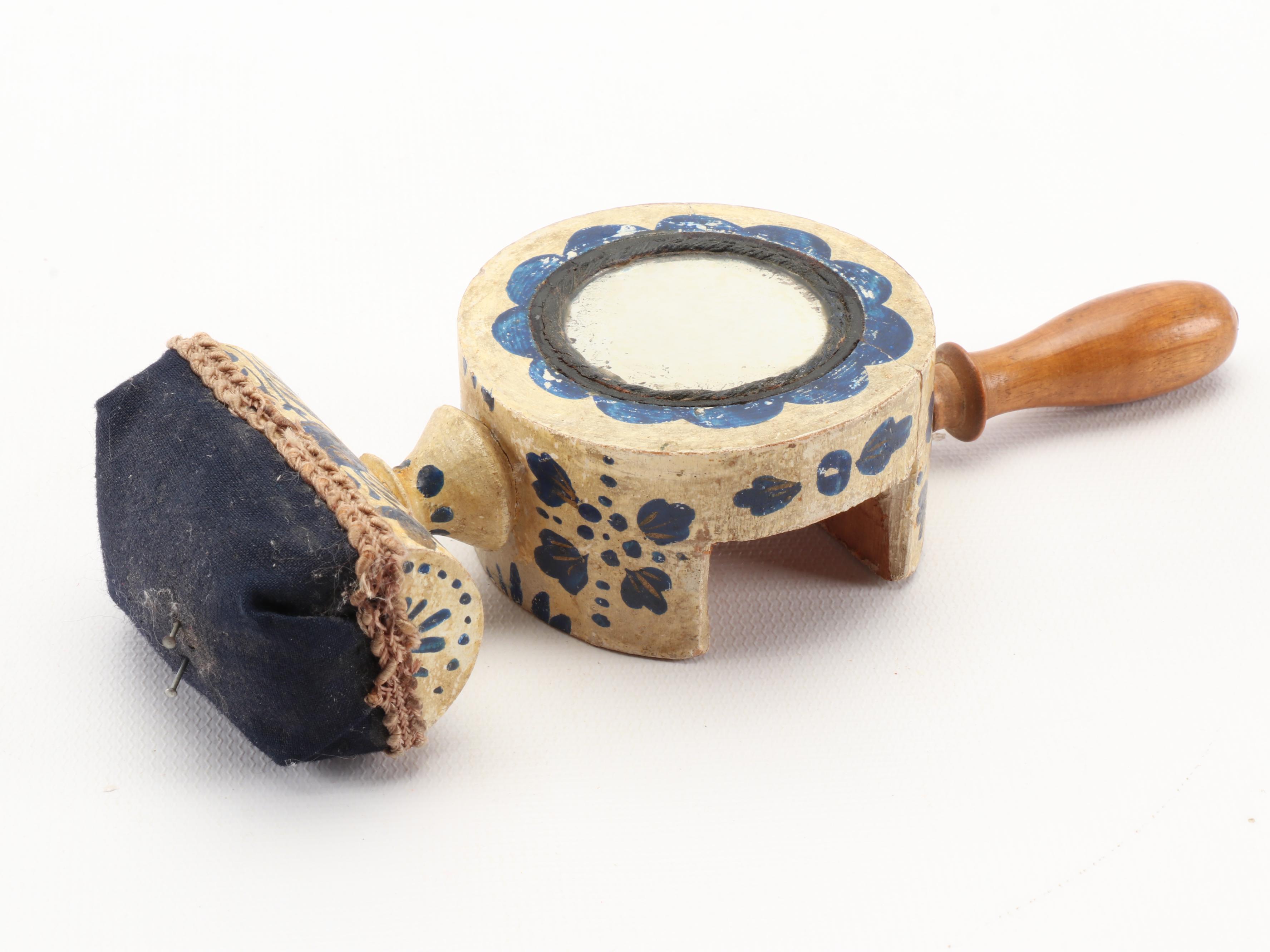 Victorian Sewing Birds and Wooden Hand-Painted Sewing Clamp, Late 19th C.