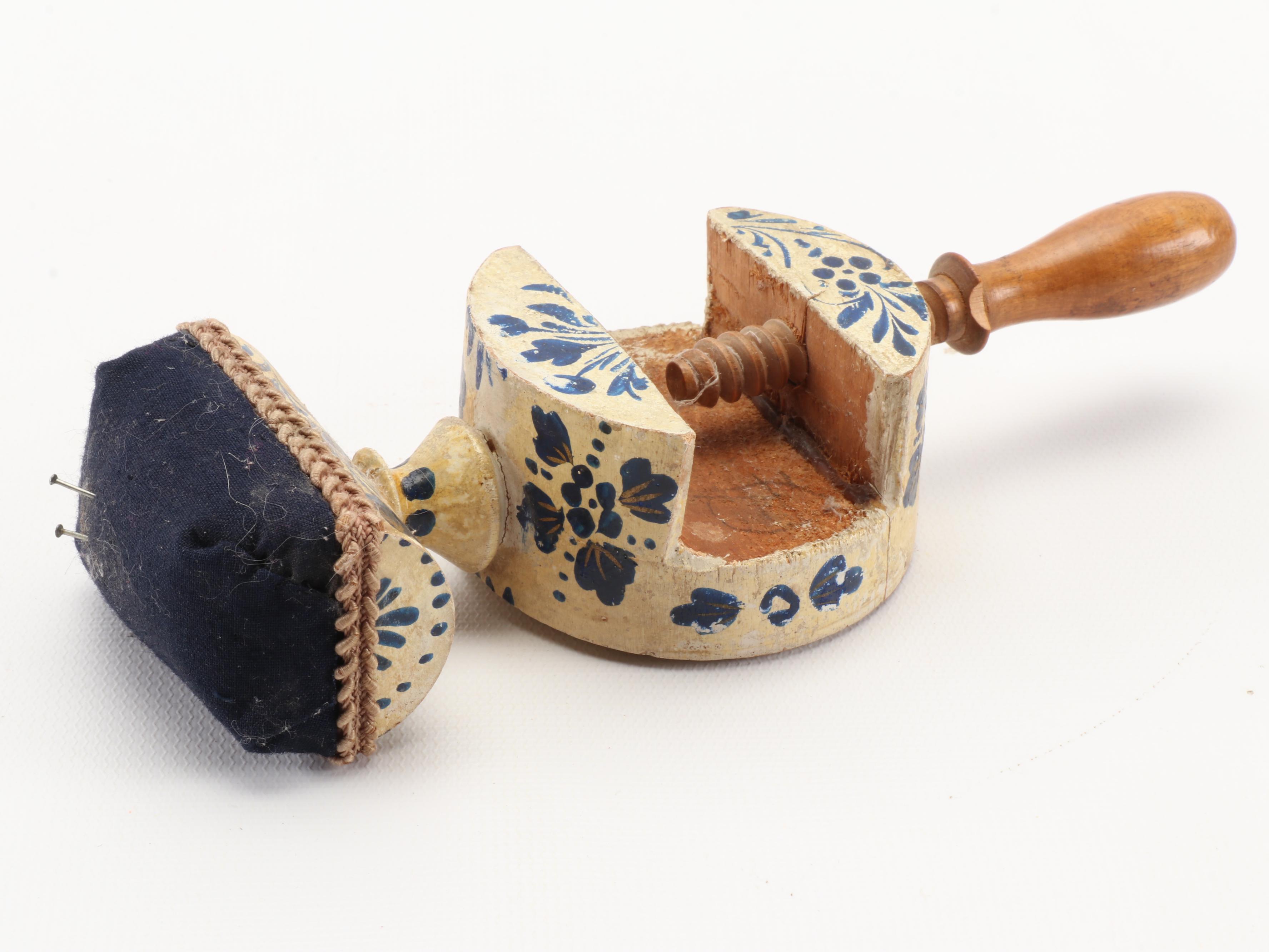 Victorian Sewing Birds and Wooden Hand-Painted Sewing Clamp, Late 19th C.