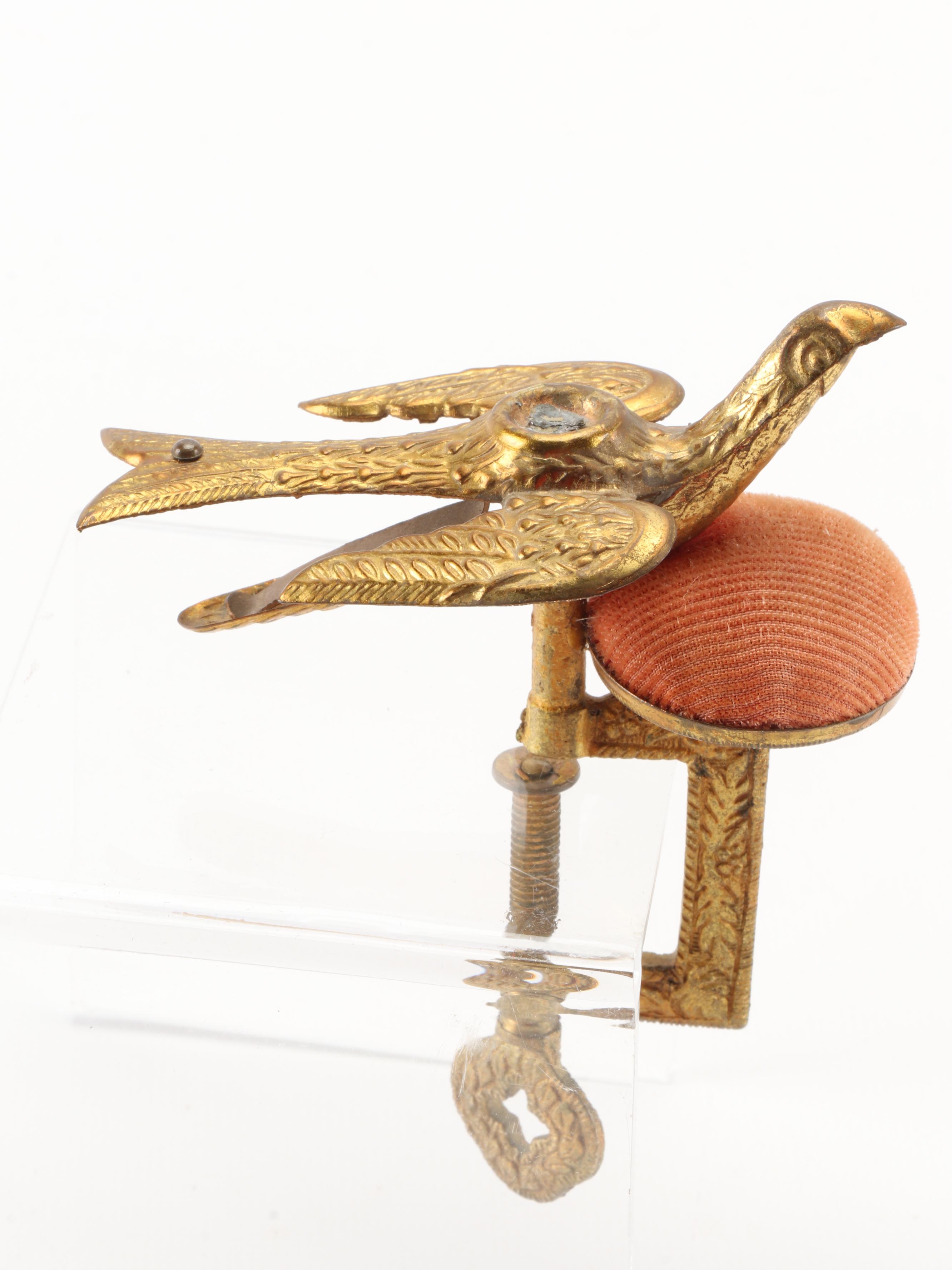 Victorian Sewing Birds and Wooden Hand-Painted Sewing Clamp, Late 19th C.